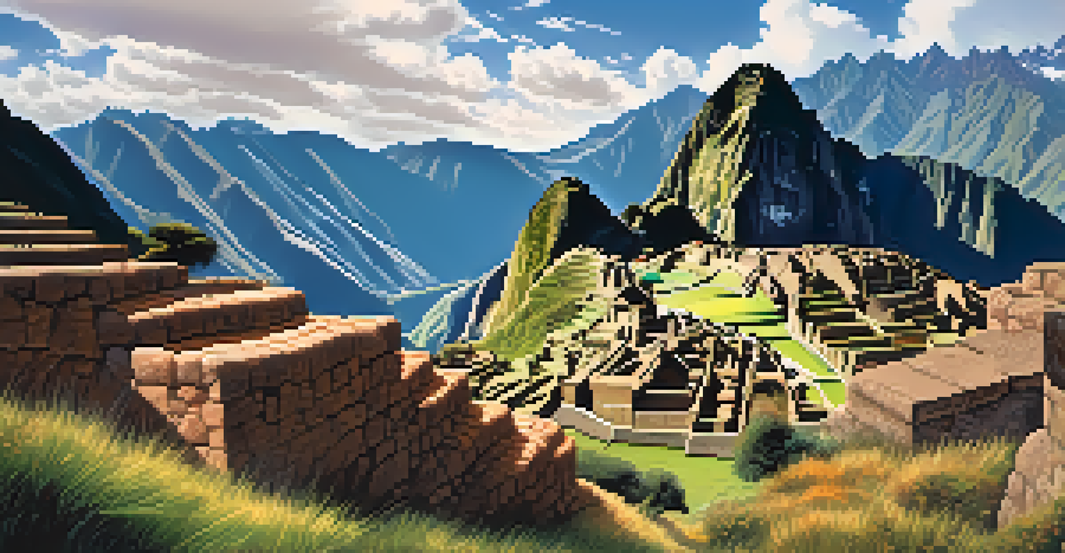 A picturesque view of the Sacred Valley with climbers, cliffs, and traditional architecture.