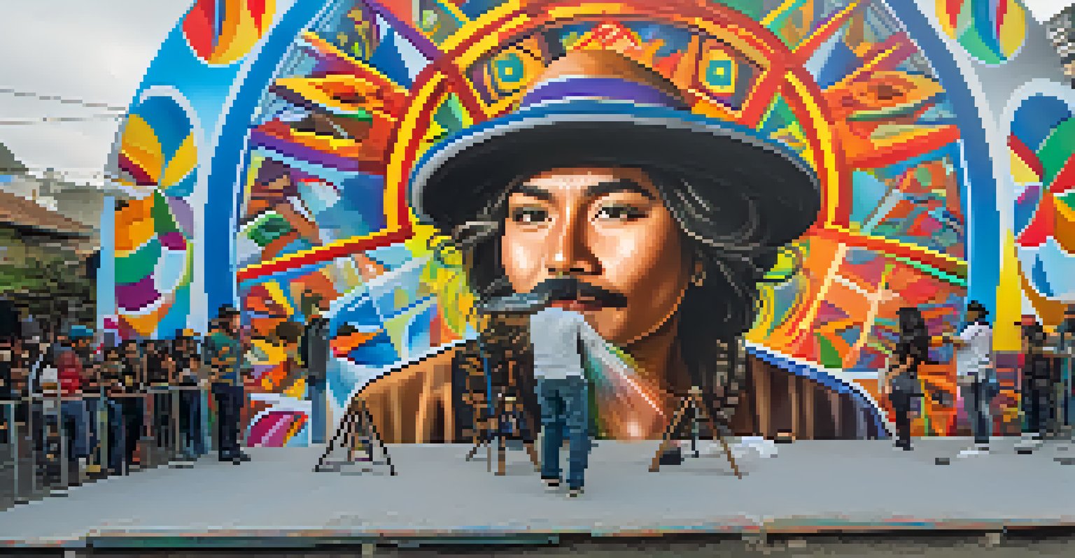An artist creating a vibrant mural at the 'Meeting of Styles' festival in Lima, surrounded by a diverse crowd and colorful artworks.