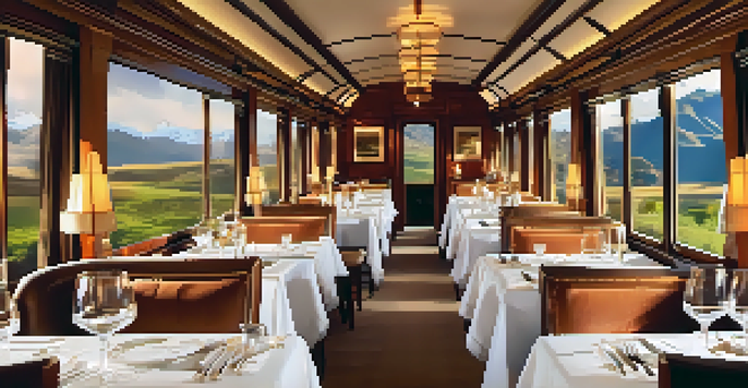 Interior of the Belmond Hiram Bingham train with plush seating and panoramic views of the Sacred Valley, featuring warm lighting and elegant dining setups.
