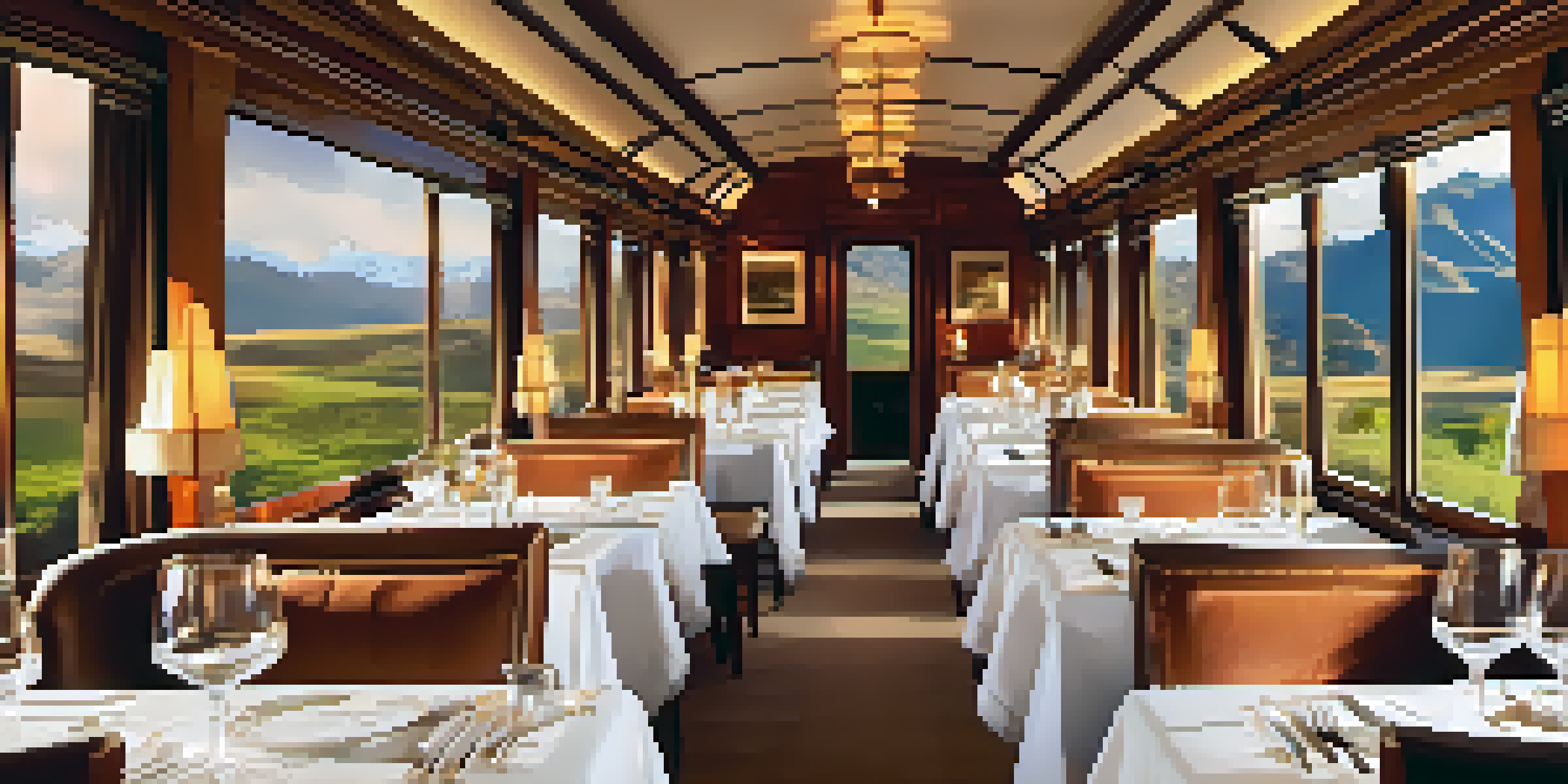 Interior of the Belmond Hiram Bingham train with plush seating and panoramic views of the Sacred Valley, featuring warm lighting and elegant dining setups.