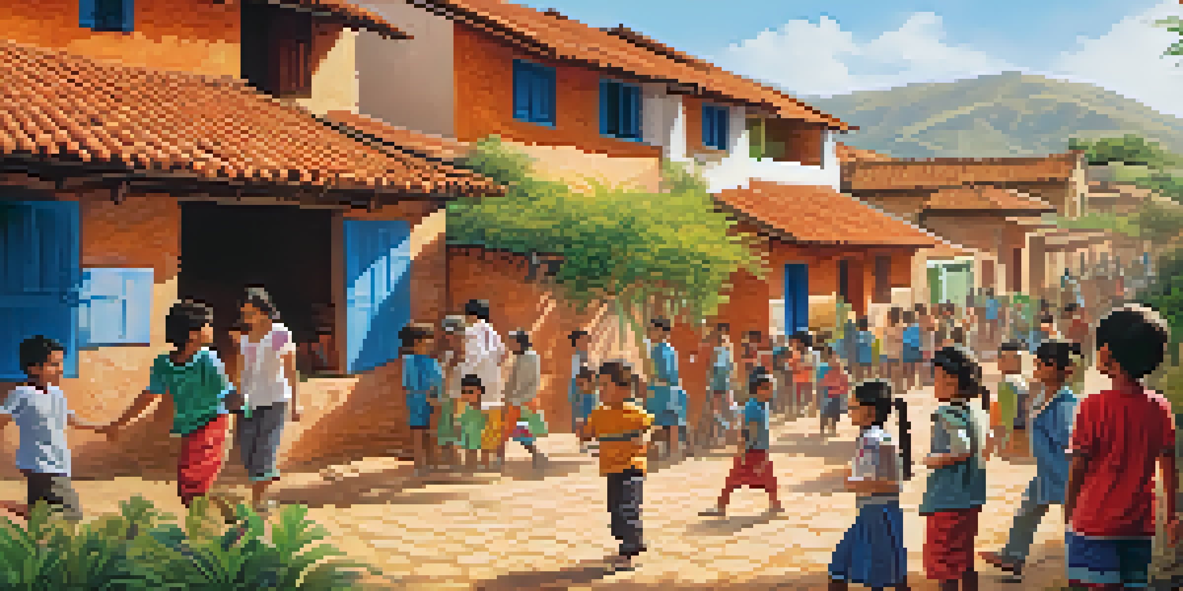 Volunteers interacting with local children in a colorful Peruvian village filled with adobe houses and greenery.