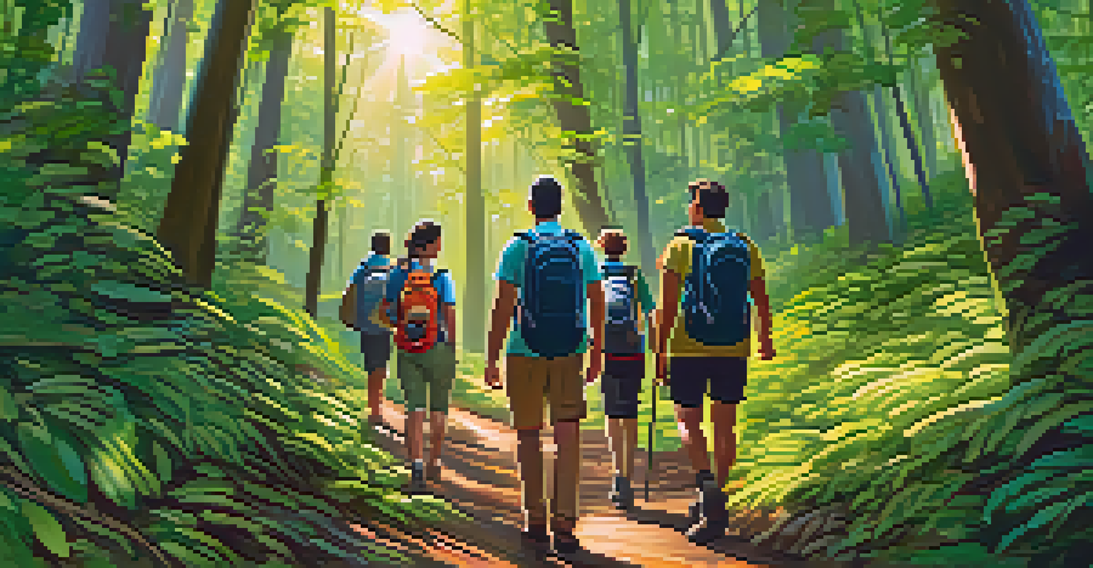 A group of tourists hiking through a lush forest with a local guide, who shares insights about the environment, illuminated by sunlight filtering through the trees.