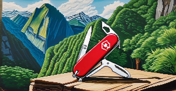 A Swiss Army Knife on a wooden table with Machu Picchu in the background, showcasing various tools in bright sunlight.