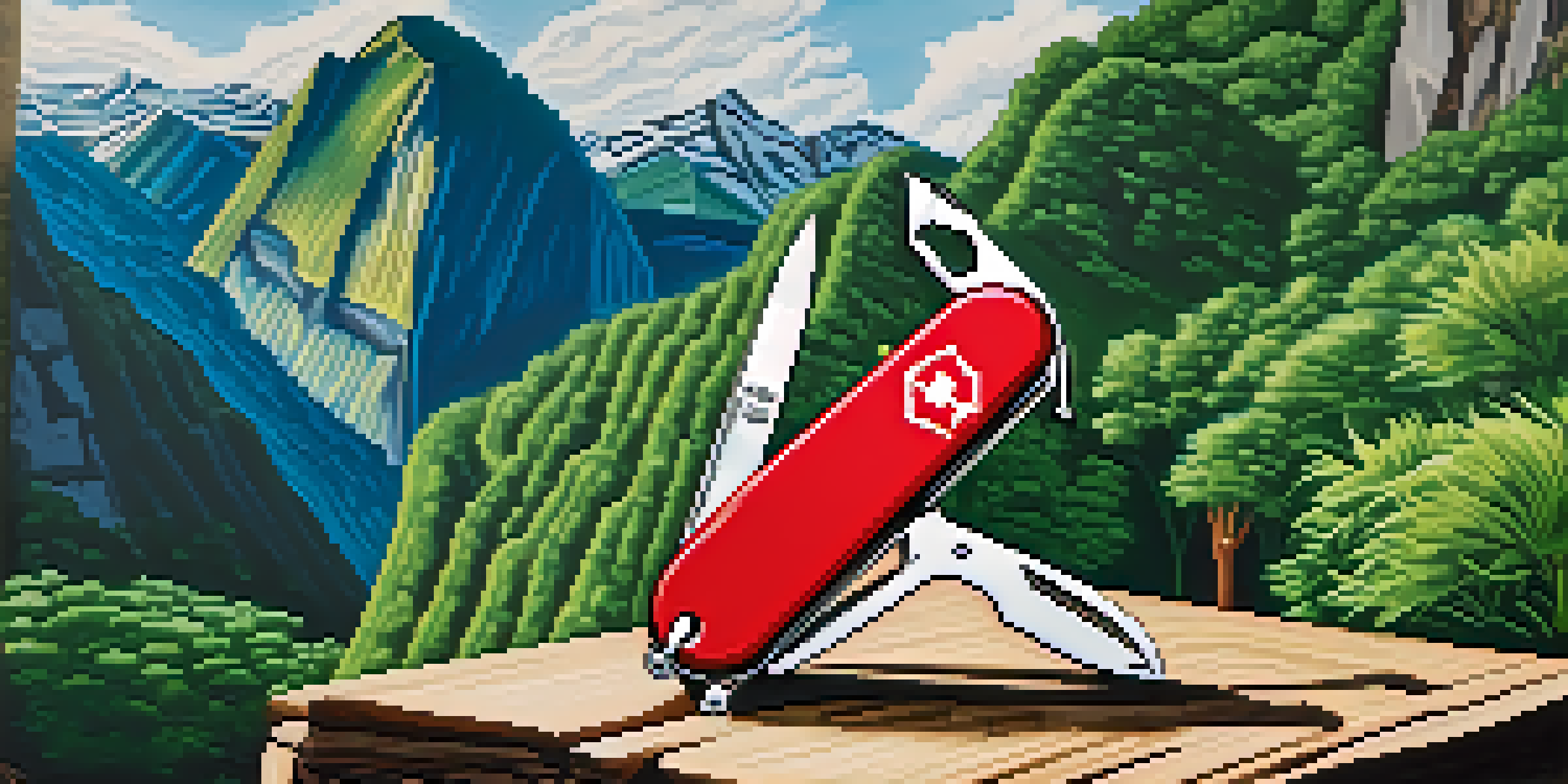 A Swiss Army Knife on a wooden table with Machu Picchu in the background, showcasing various tools in bright sunlight.