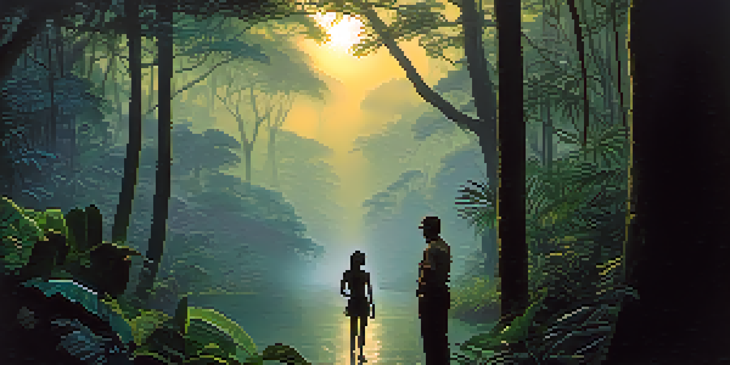 A silhouette of a traveler in an Amazon rainforest at dusk, looking at a shadowy figure resembling a loved one.