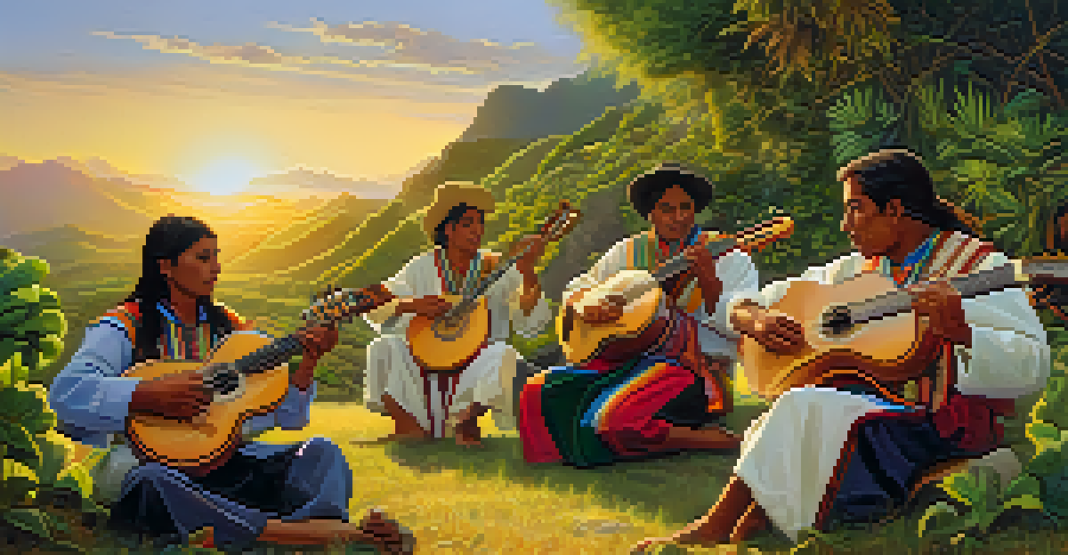 Musicians playing traditional Andean instruments during a Pachamama celebration, surrounded by nature and decorated with colorful elements in a warm sunset light.