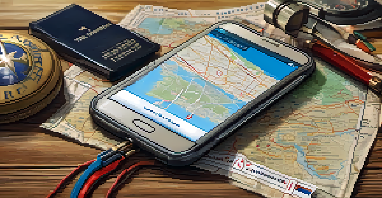 A close-up of a mobile phone showing emergency contact numbers on a wooden table.