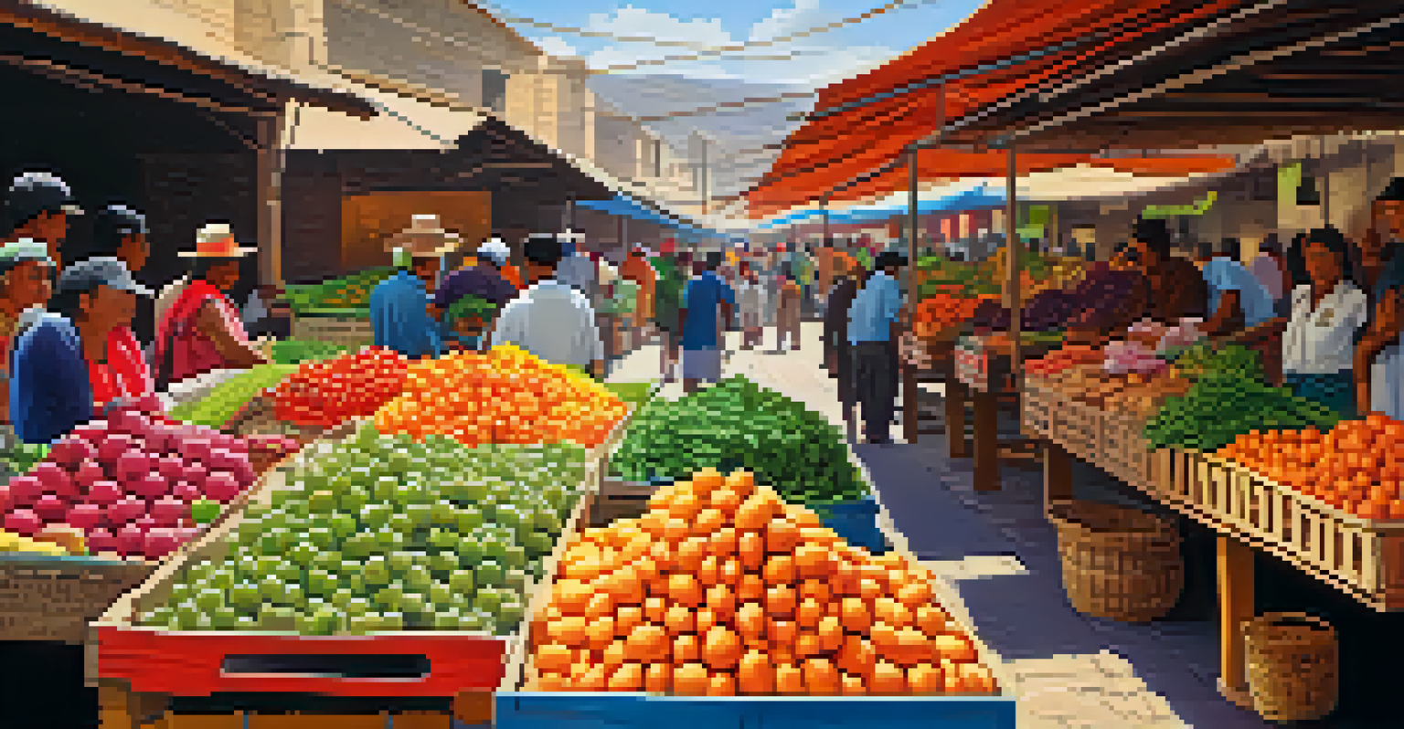 A bustling Peruvian market filled with fresh produce, colorful stalls, and local farmers interacting with shoppers under a sunlit canopy.