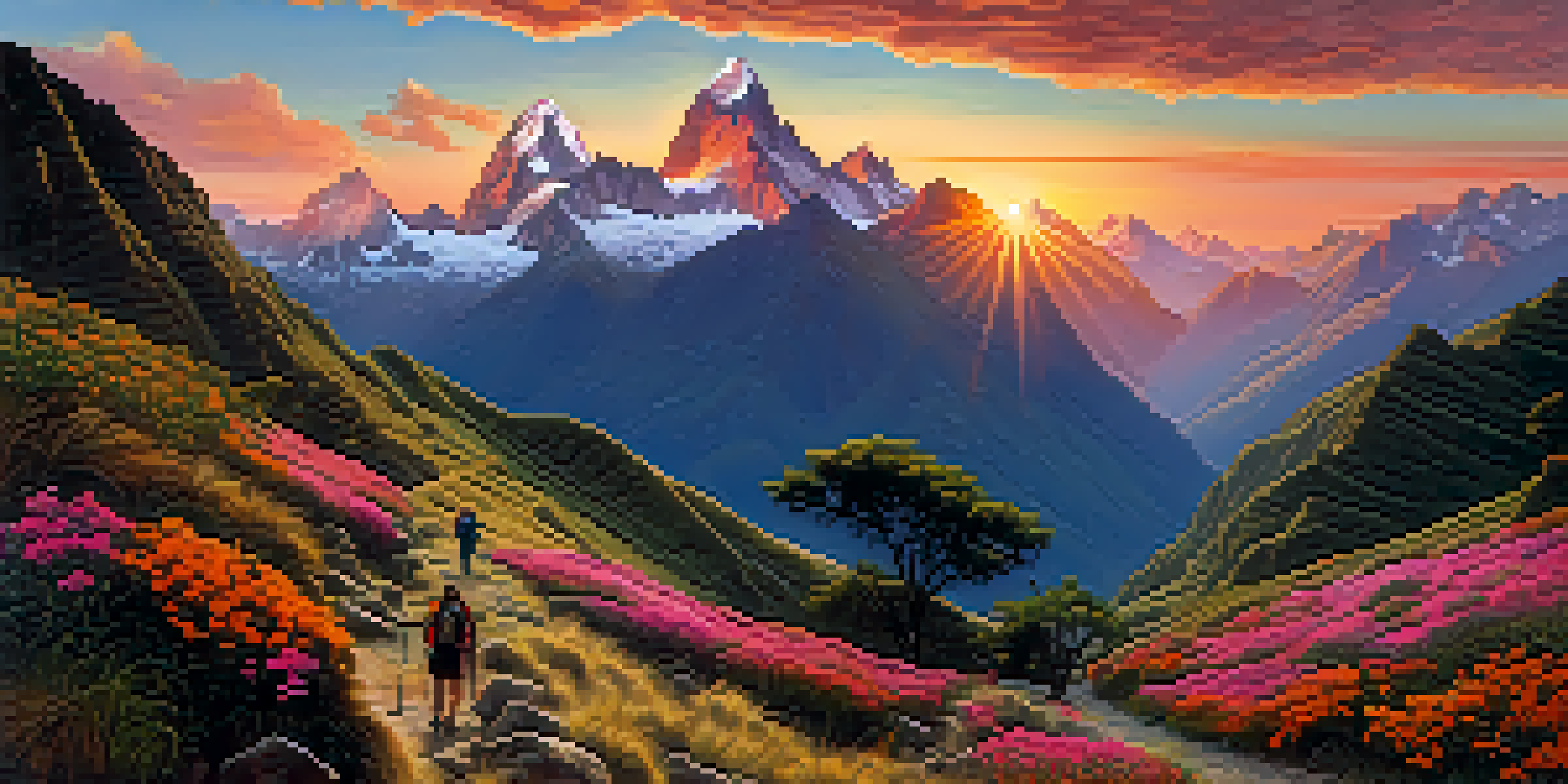 Travelers hiking along the Inca Trail in the Andes mountains at sunrise, with vibrant colors in the sky and lush greenery surrounding them.