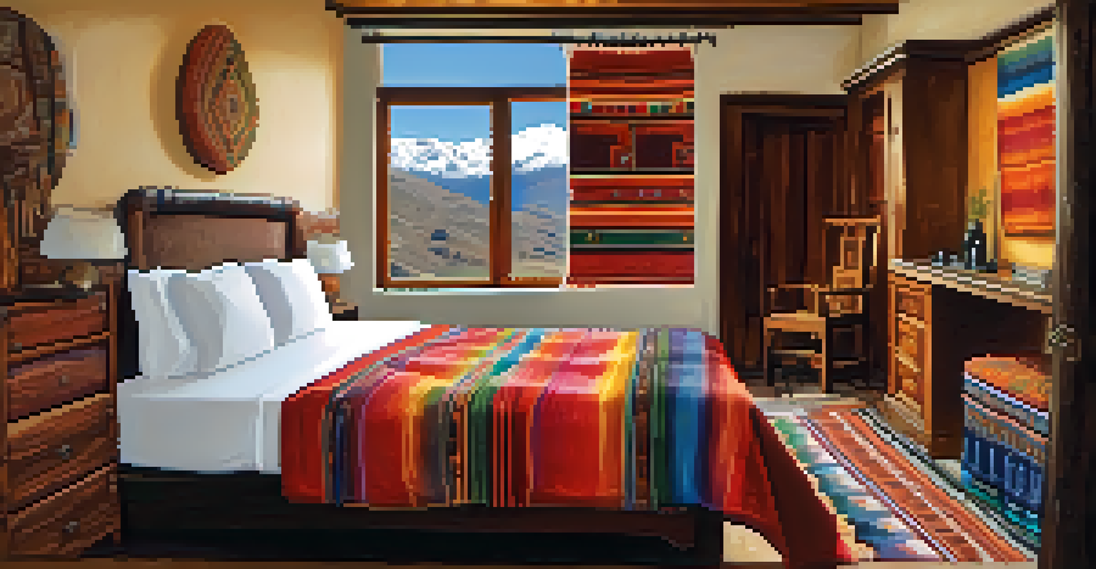 An accessible hotel room in Cusco, Peru, featuring a spacious layout, large windows, comfortable bed, and culturally inspired decor.