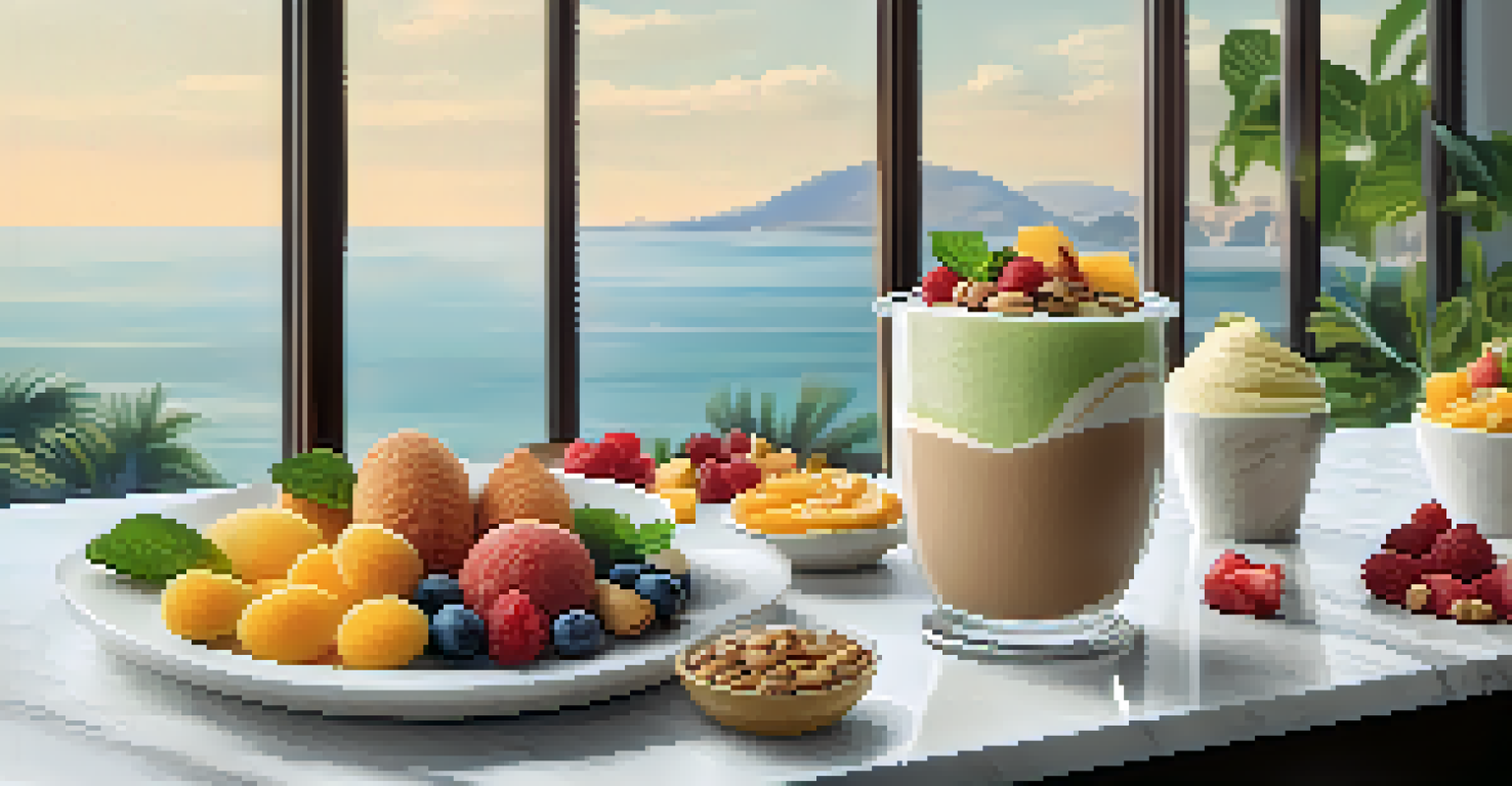 An artistic arrangement of lucuma desserts, including ice cream and a smoothie bowl, displayed on a marble countertop with natural light.