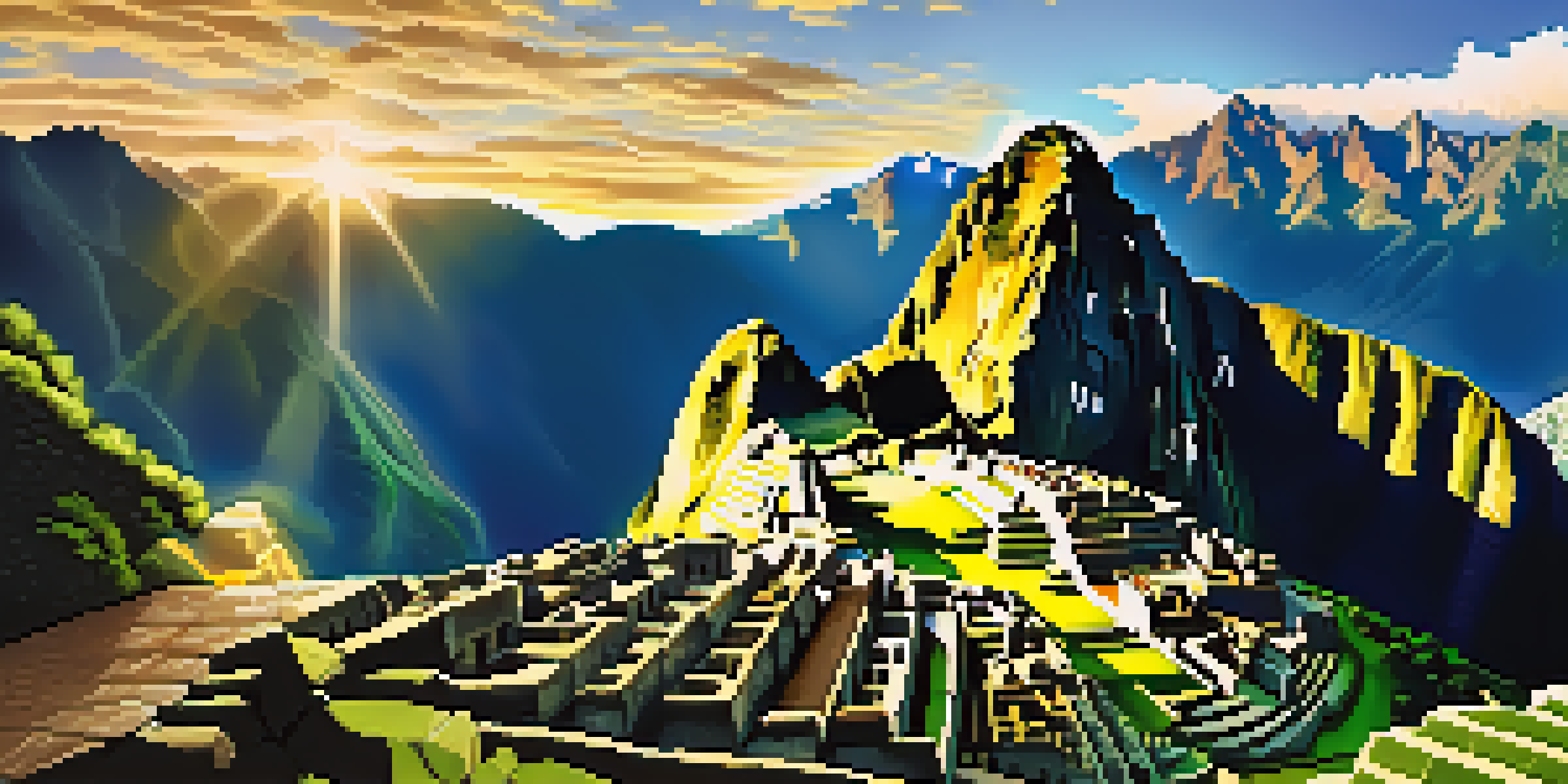 A scenic view of Machu Picchu with ancient ruins and surrounding mountains in bright sunlight.