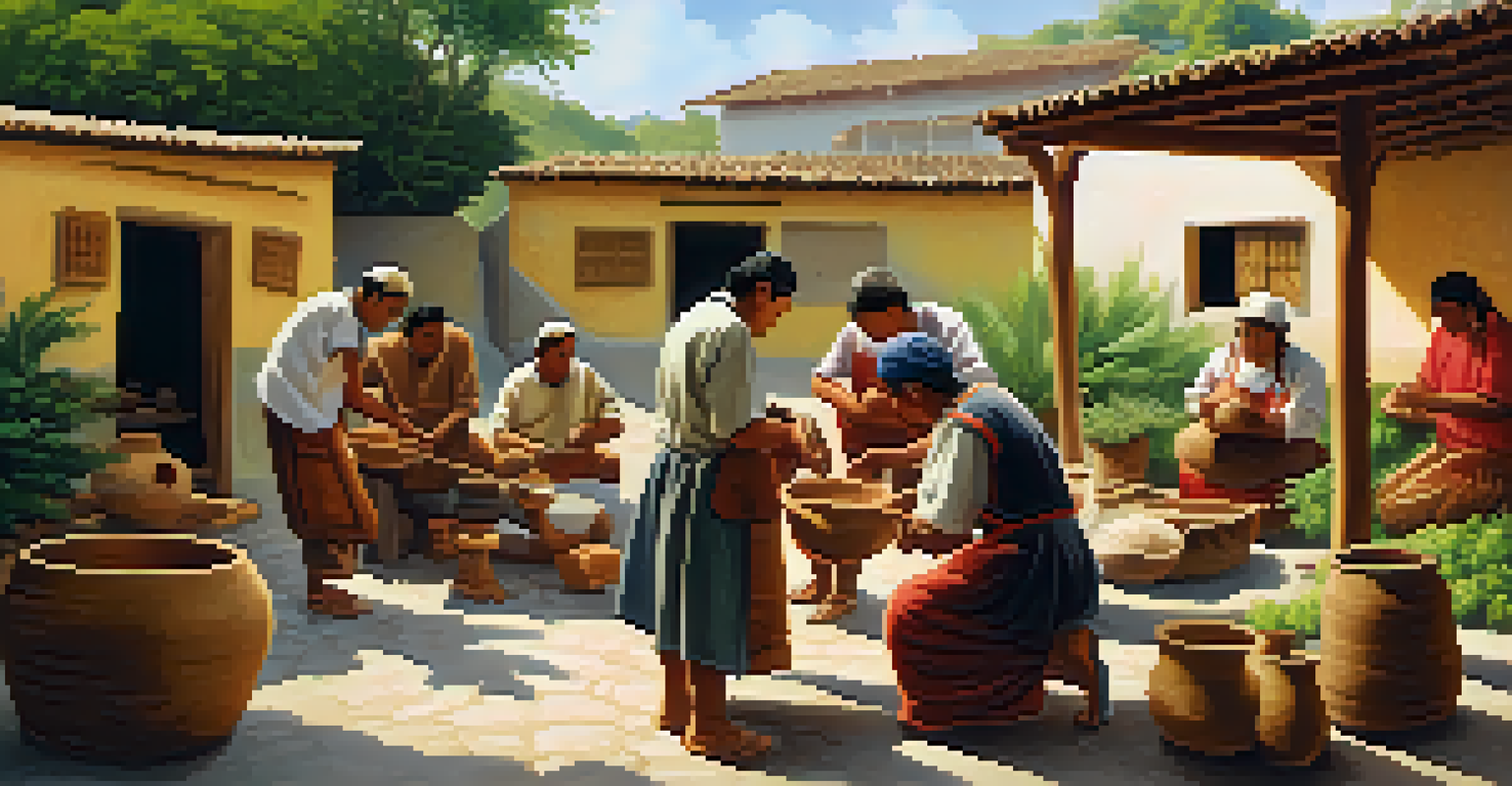 A group of Peruvian artisans collaborating in a cooperative workshop, working on pottery and textiles in a sunlit courtyard.