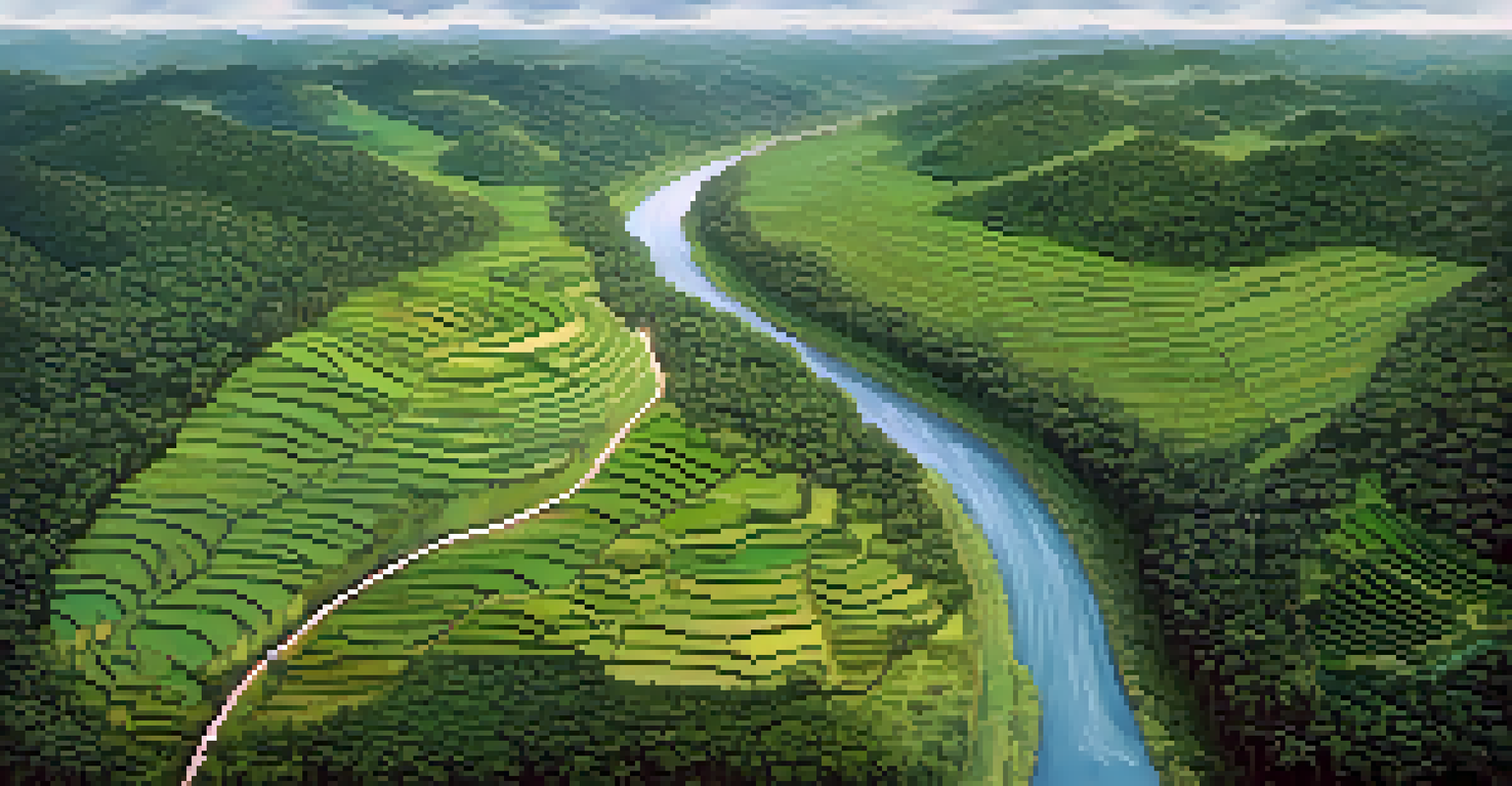 Aerial view of a wildlife corridor in Peru, showing a green strip connecting two parks amidst agricultural land.