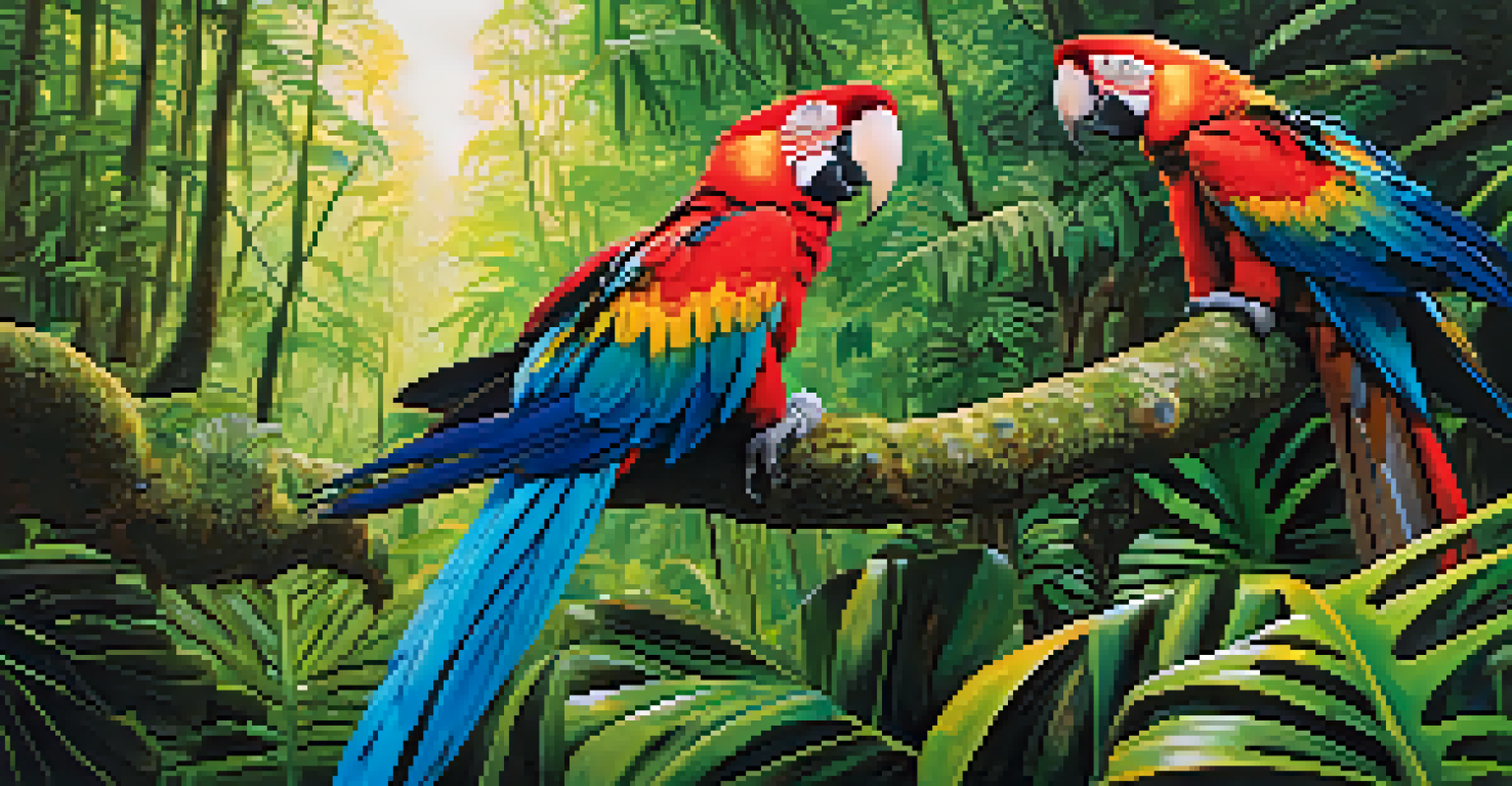 A colorful macaw perched on a branch in the Amazon rainforest, surrounded by lush greenery and filtered sunlight.