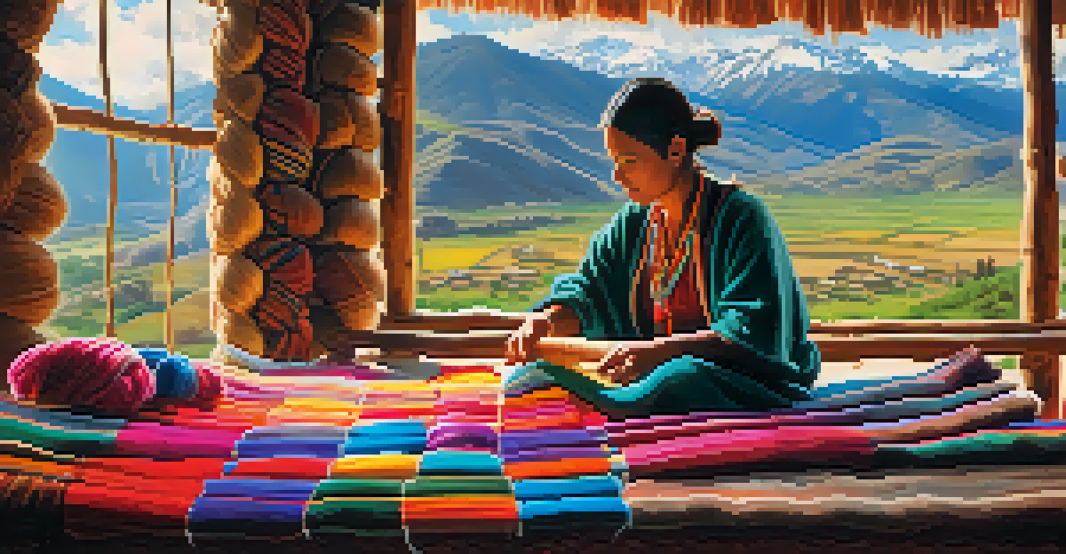 A local artisan weaving textiles in the Sacred Valley, with colorful threads and a view of the valley in the background.
