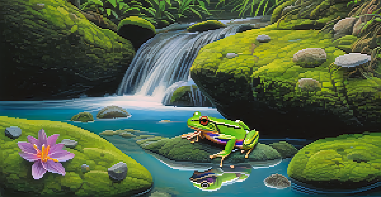 A colorful frog on a mossy rock by a clear stream, surrounded by greenery and blooming flowers.