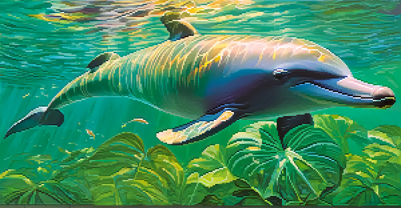 An Amazon river dolphin swimming in the Amazon River, surrounded by tropical plants and sunlight filtering through the water.