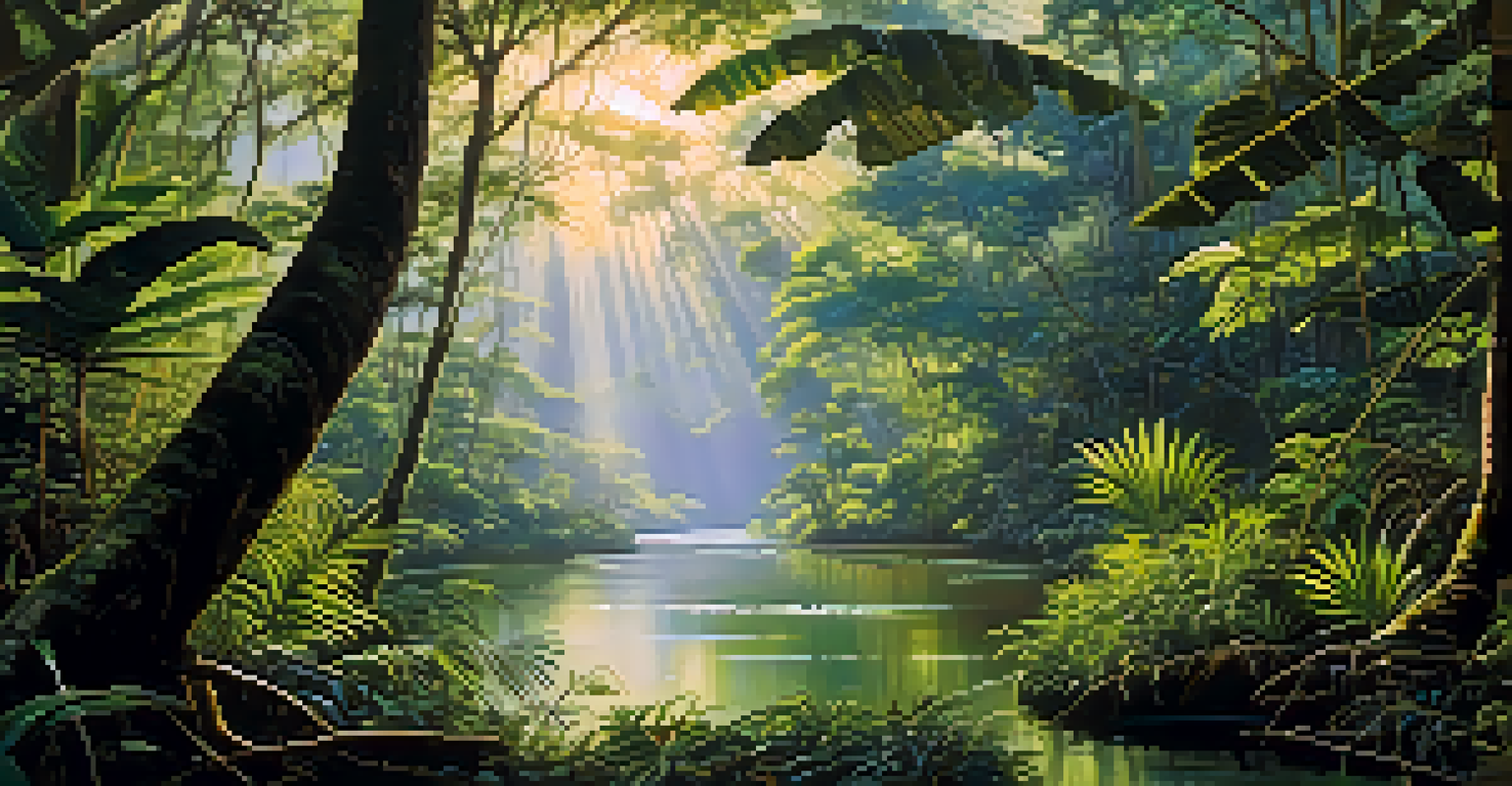A serene view of the Amazon rainforest with dense greenery, a winding river, and sunlight filtering through the canopy.