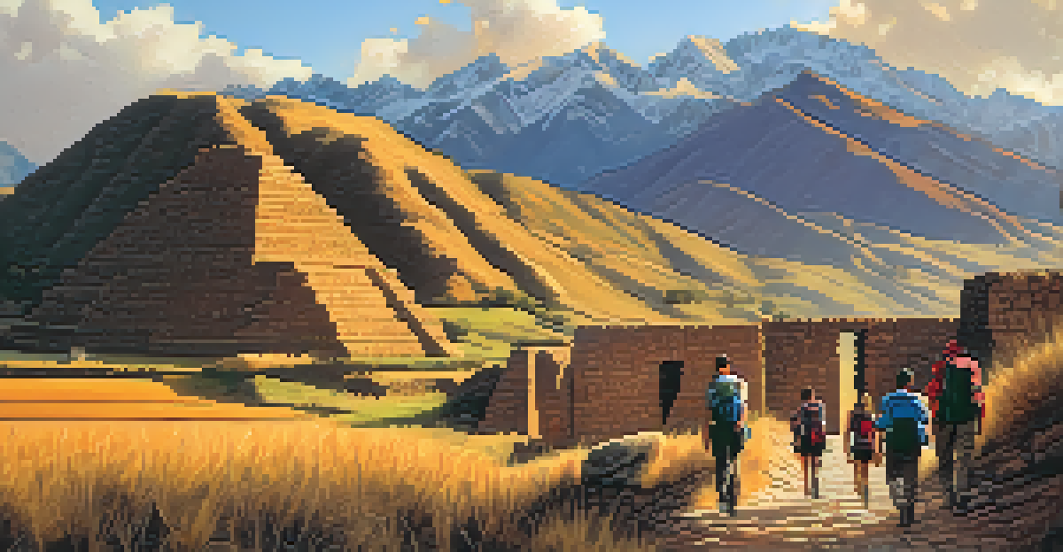 A group of hikers trekking along a trail near ancient Incan ruins at sunset in the Sacred Valley.