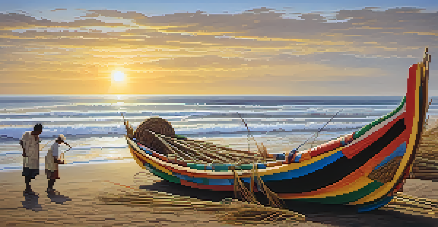 A close-up of a traditional reed fishing boat on Huanchaco beach, with fishermen and colorful nets around.