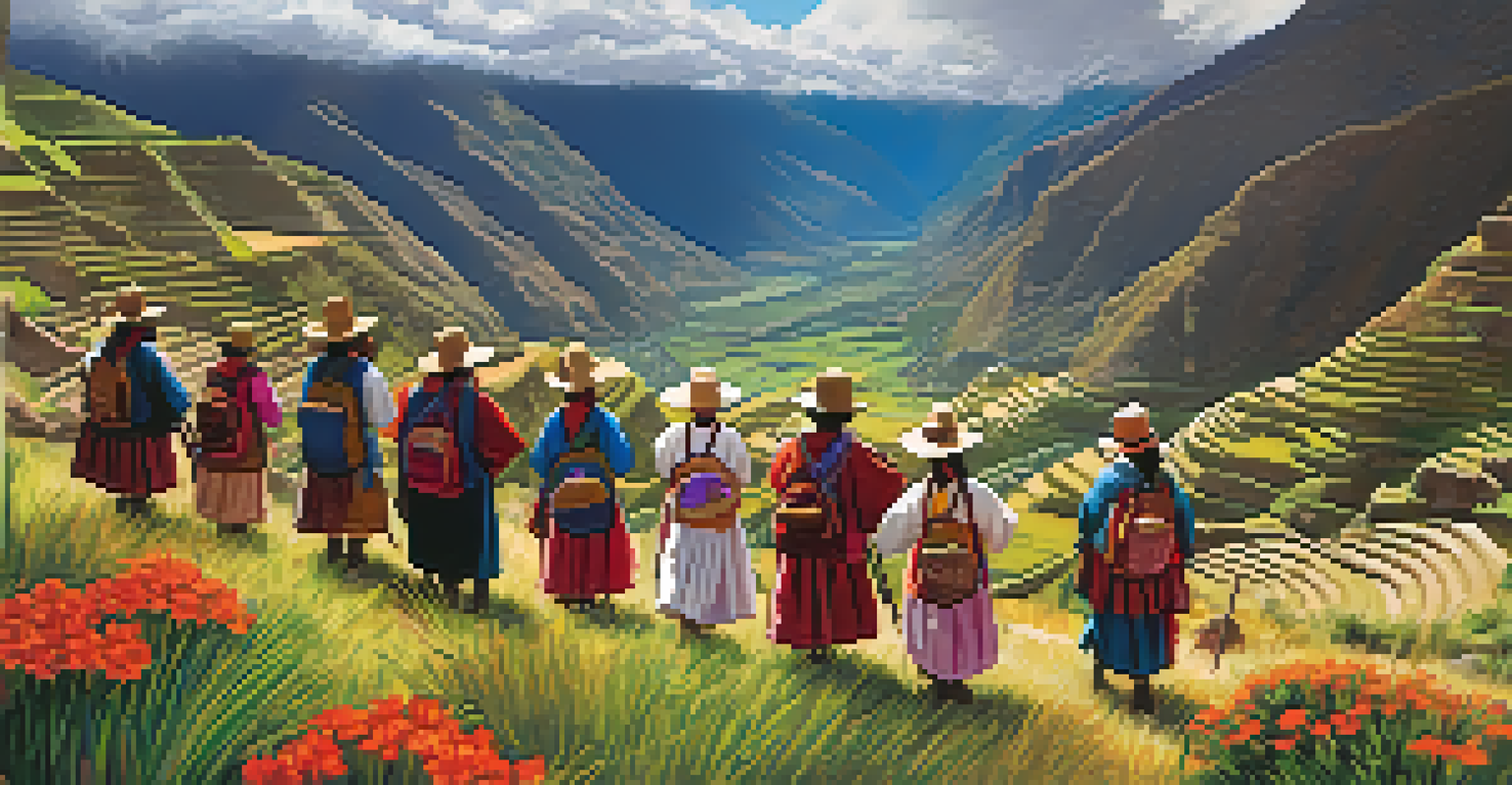 An indigenous guide in traditional clothing showing tourists the Sacred Valley of the Incas with mountains and terraced fields in the background.