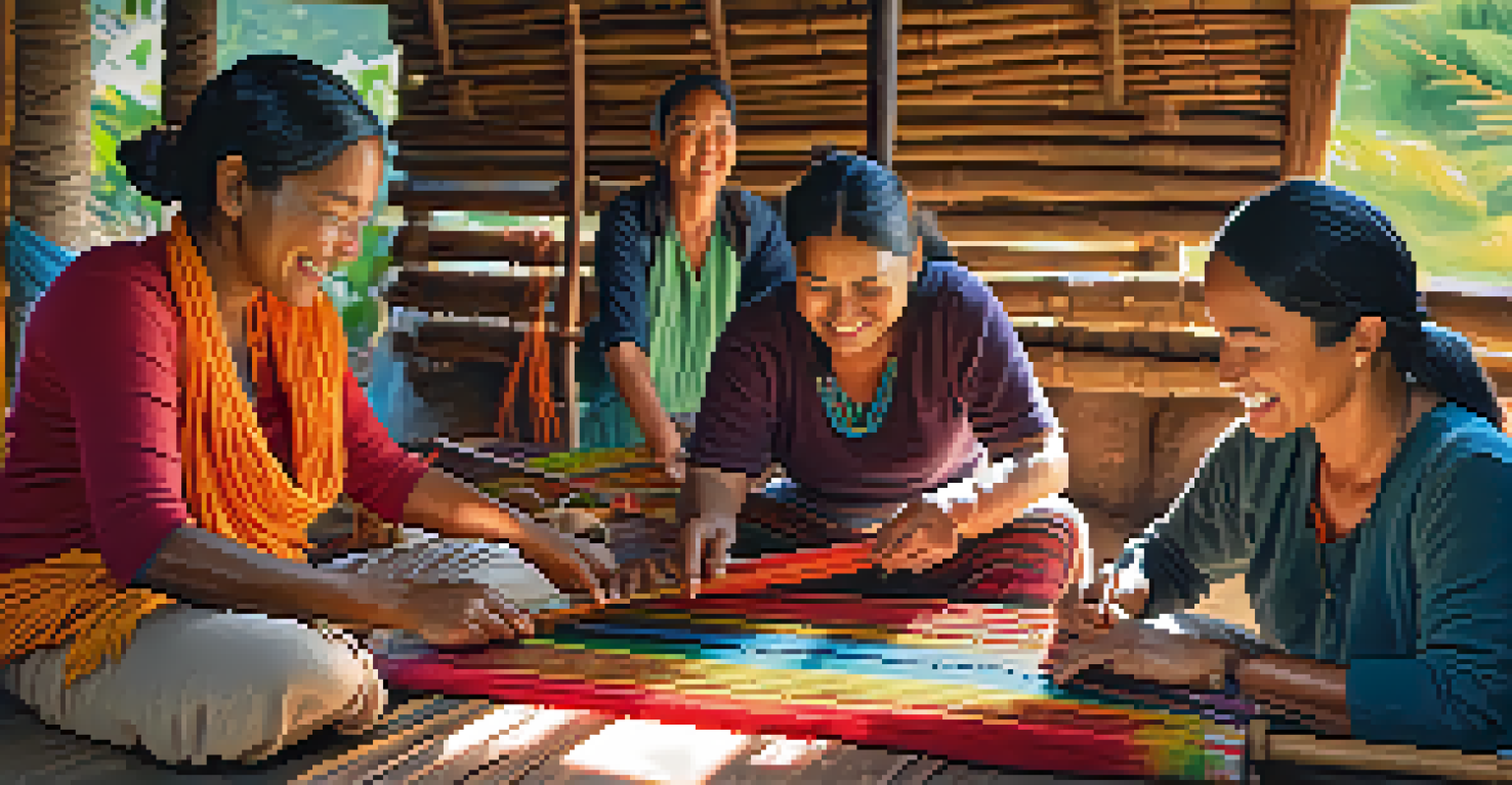 A local artisan teaching travelers how to weave traditional fabrics at an eco-lodge, surrounded by colorful materials.