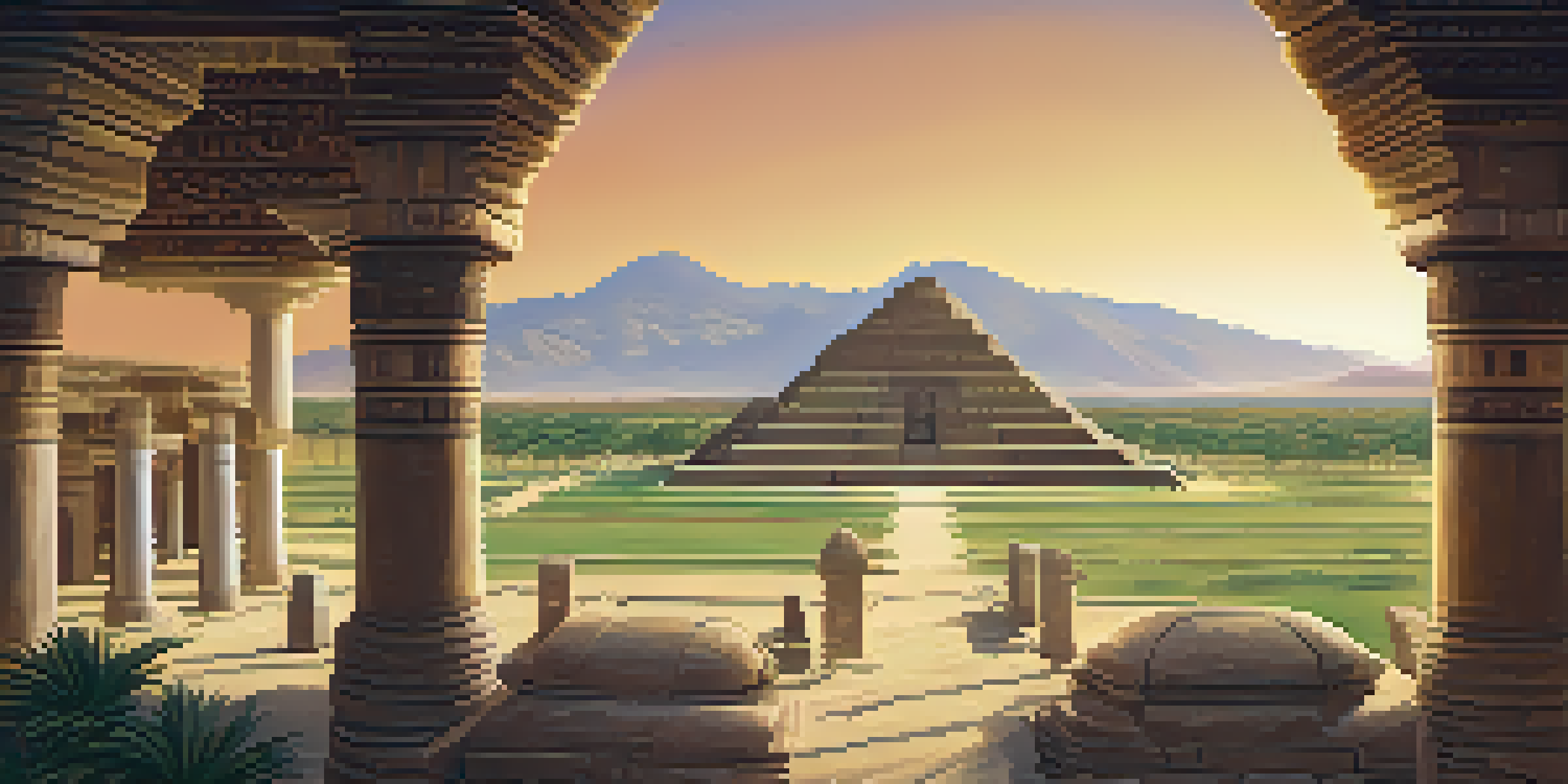 A panoramic view of the ancient city of Caral in Peru, with the Great Pyramid, lush greenery, and the Supe River under a clear blue sky.