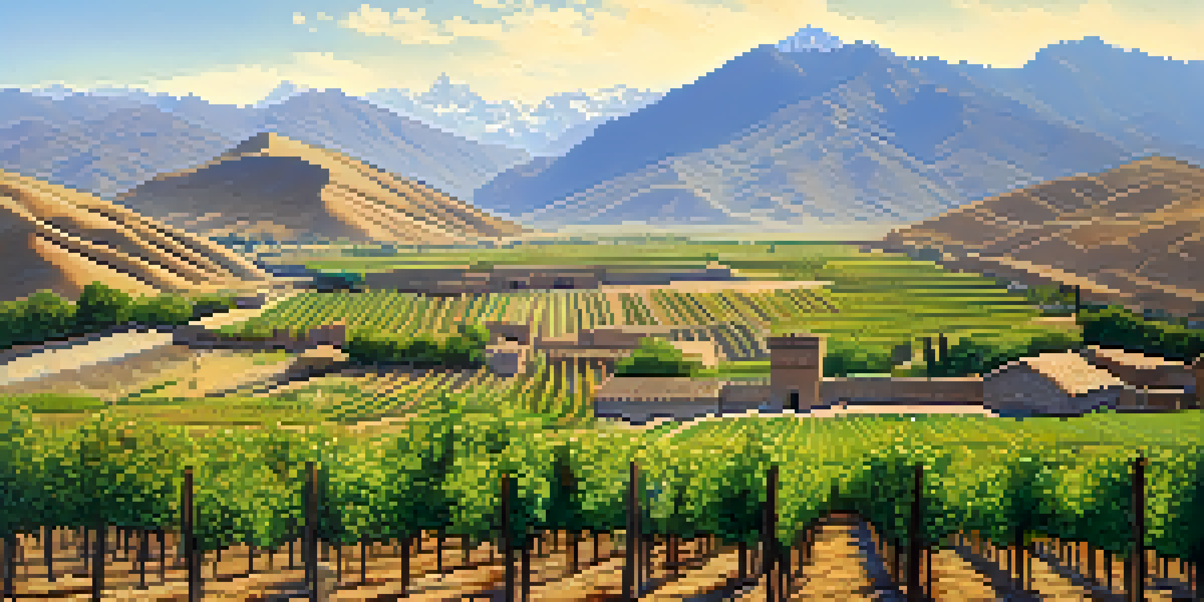 A panoramic view of the Ica Valley in Peru, featuring arid vineyards, green grape clusters, and the Andes mountains in the background.