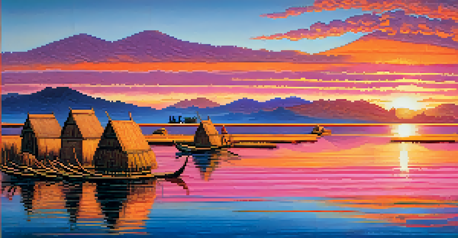 A sunset view of Lake Titicaca with floating islands and local villagers in a boat.