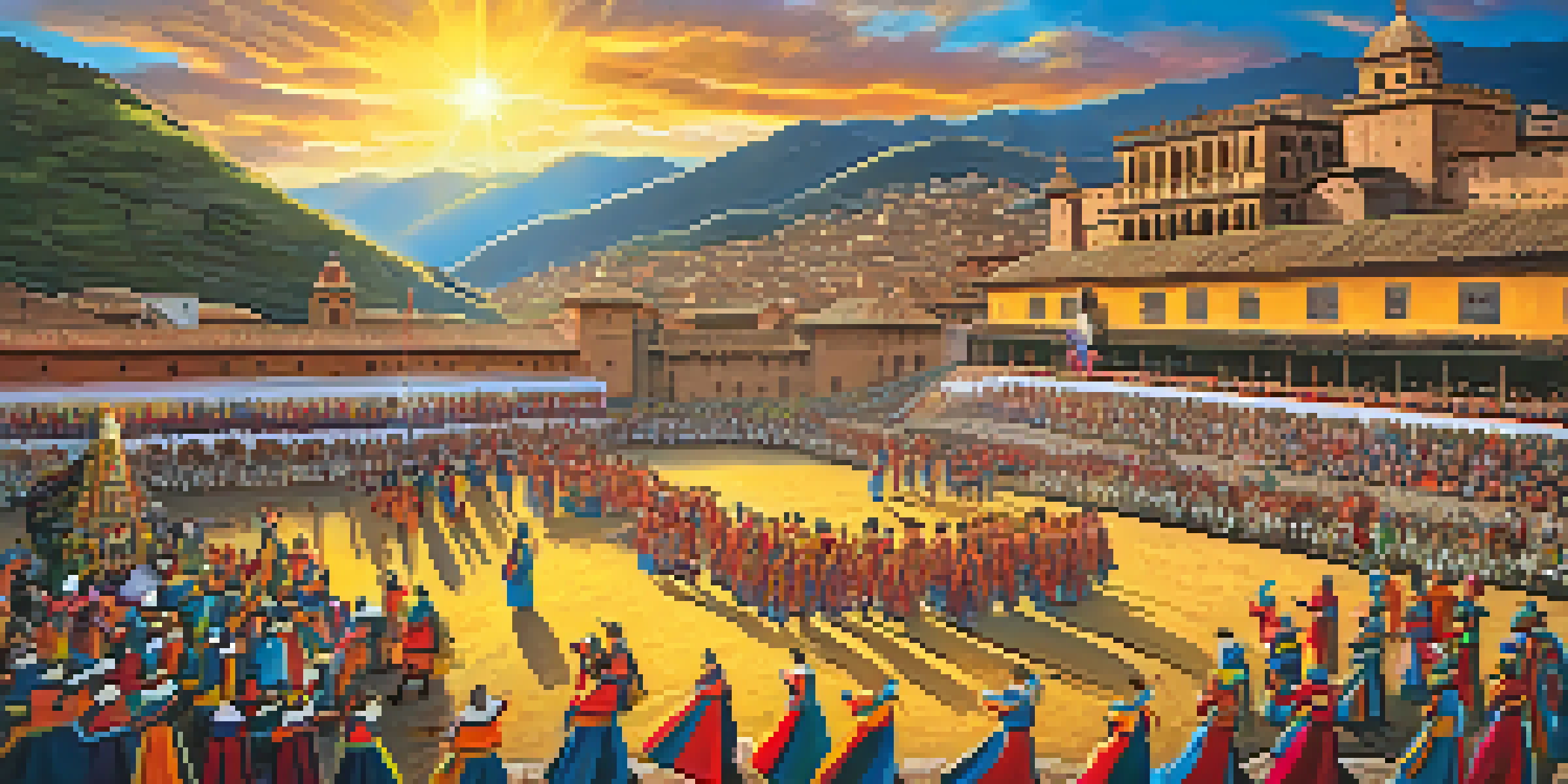 Dancers in traditional costumes performing at the Inti Raymi festival in Cusco, Peru, with a warm sunset and historical architecture in the background.