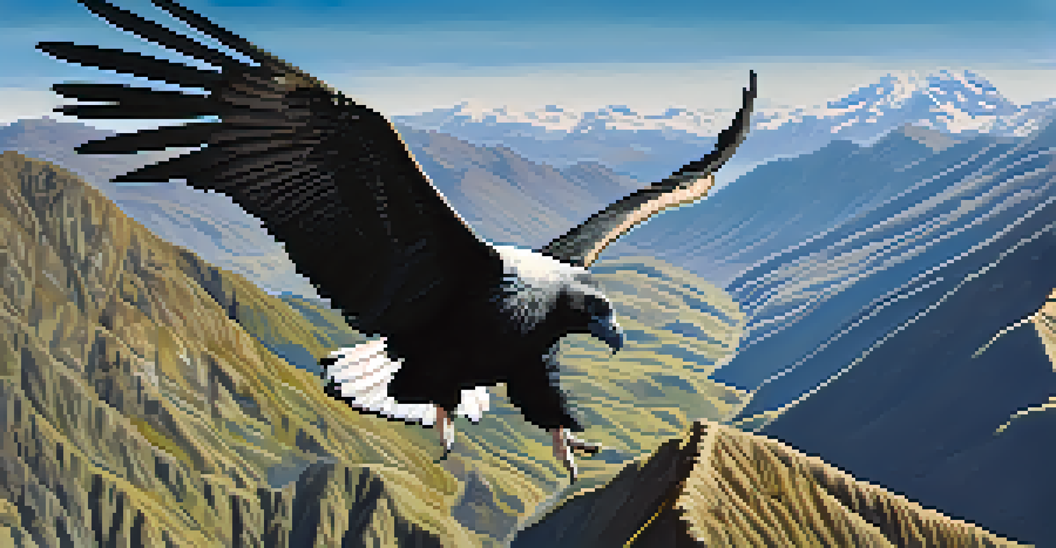 A close-up of an Andean condor soaring in the sky above the mountains of Peru, highlighting its detailed feathers.
