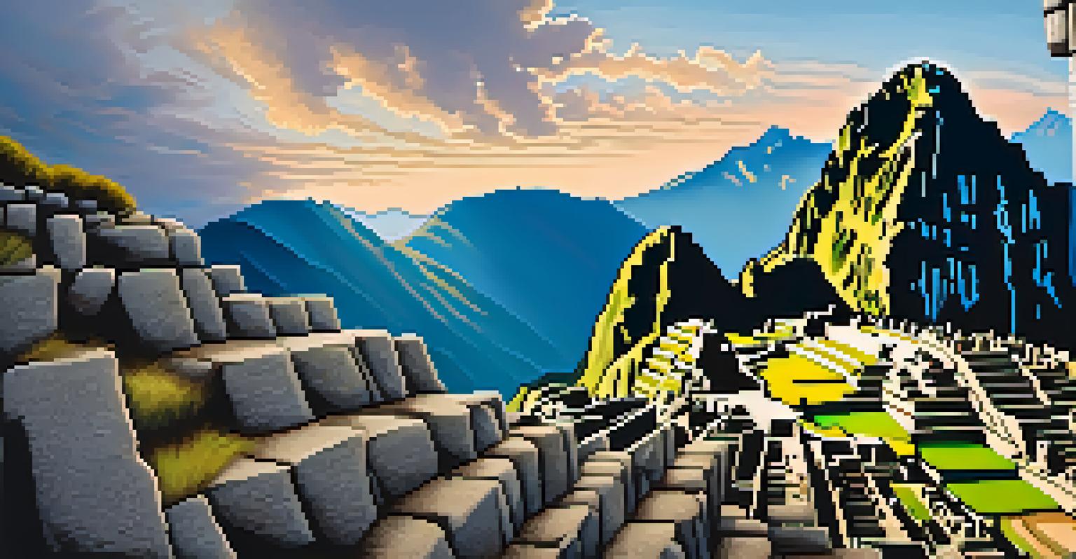 A detailed view of Machu Picchu's stone structures with the Andes mountains and mist in the background.