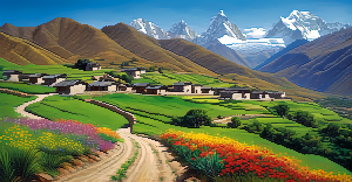 A picturesque landscape of the Andes mountains in Peru with a winding dirt road, traditional adobe houses, and colorful wildflowers.