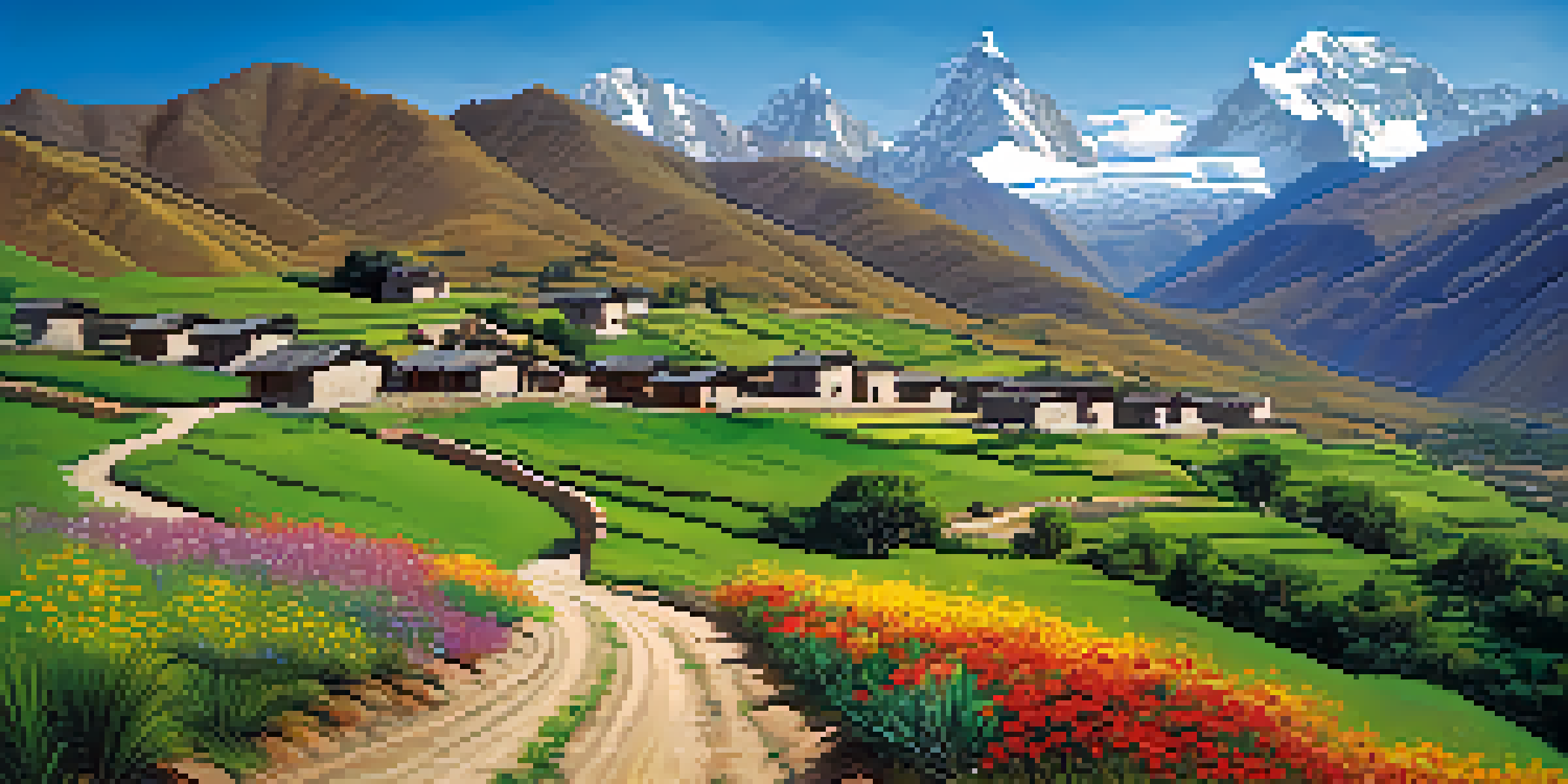 A picturesque landscape of the Andes mountains in Peru with a winding dirt road, traditional adobe houses, and colorful wildflowers.