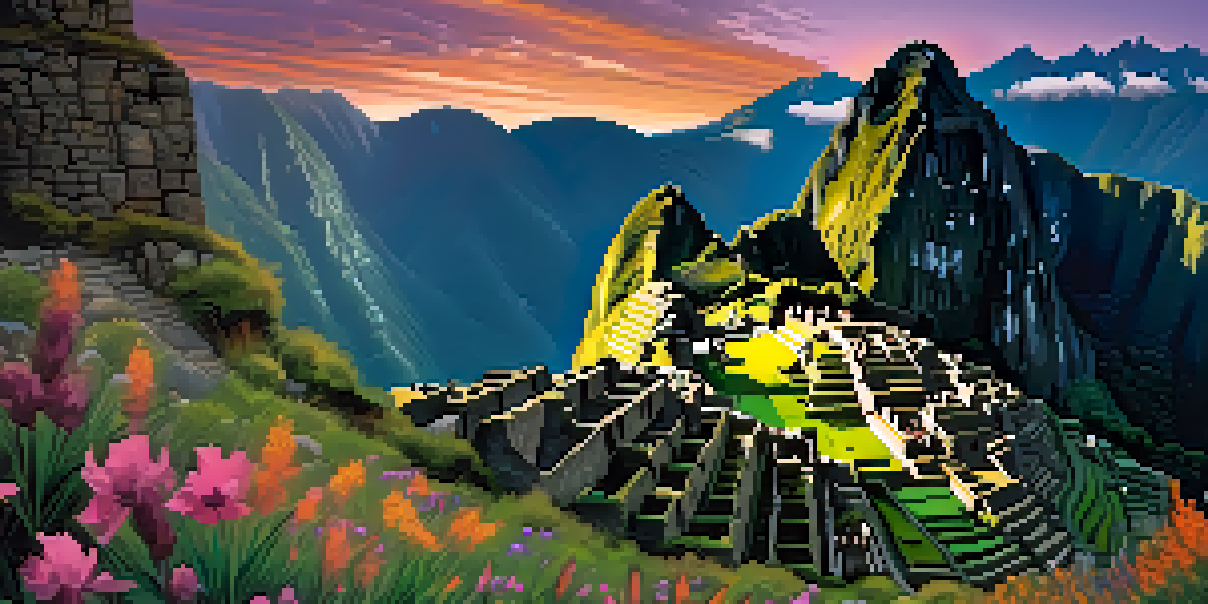 A stunning sunrise view of Machu Picchu with ancient ruins and lush mountains, complemented by colorful wildflowers in the foreground.