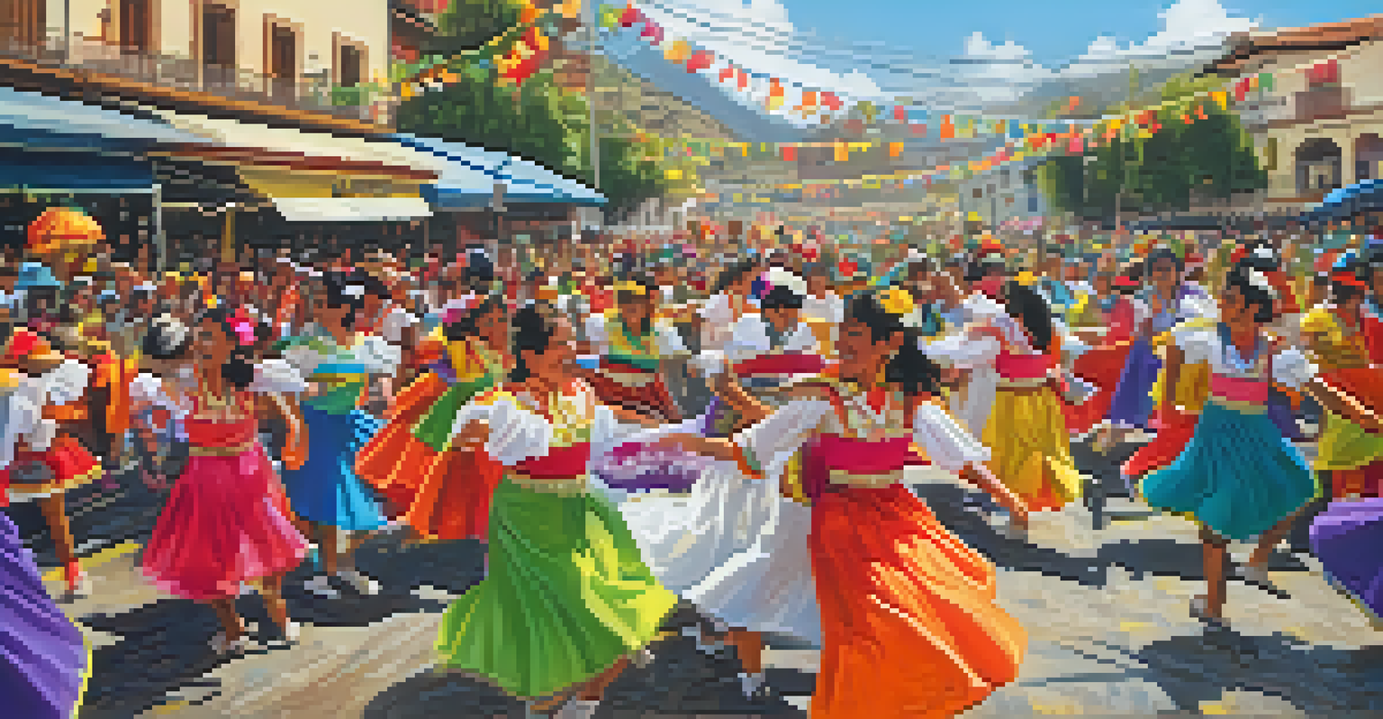 Participants in colorful costumes engaging in playful water fights during the Carnaval de Cajamarca, with dancers performing in a vibrant parade.