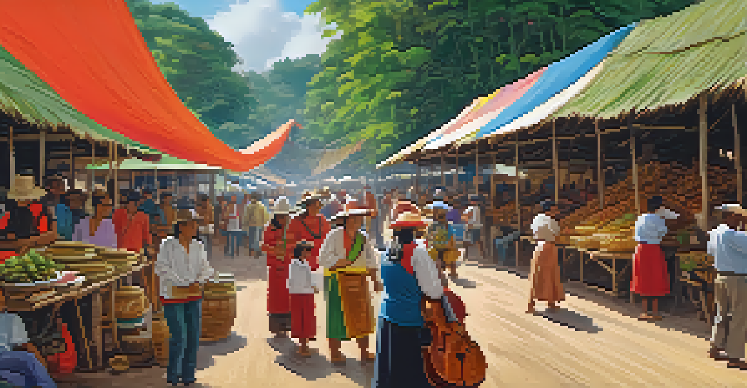 A vibrant market scene during the Festival of San Juan in the Amazon region of Peru, with stalls of traditional foods and crafts, and people enjoying the festivities.