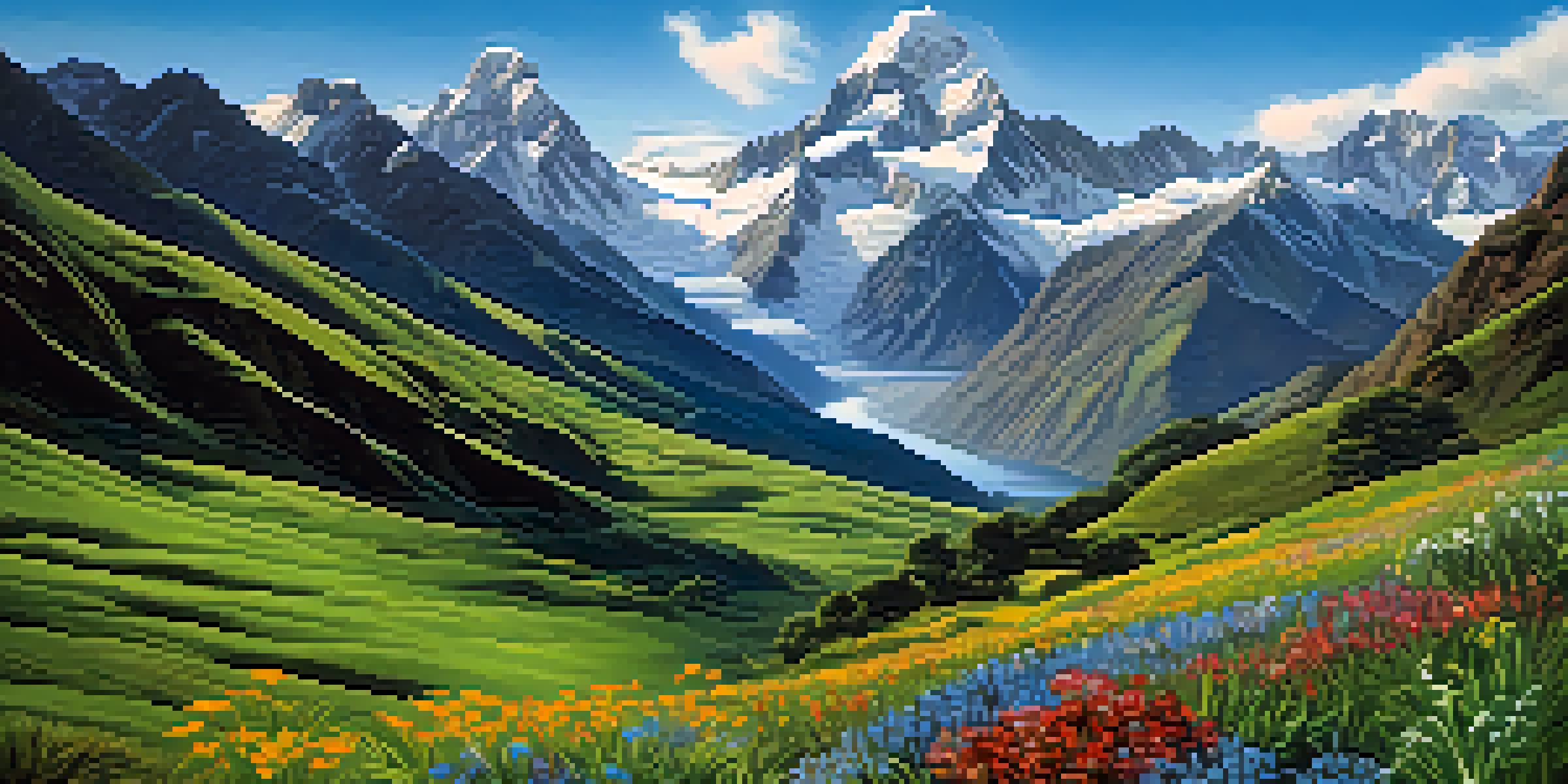 A scenic view of the Andes mountains with jagged peaks and lush valleys, featuring colorful wildflowers in the foreground, under a bright blue sky.