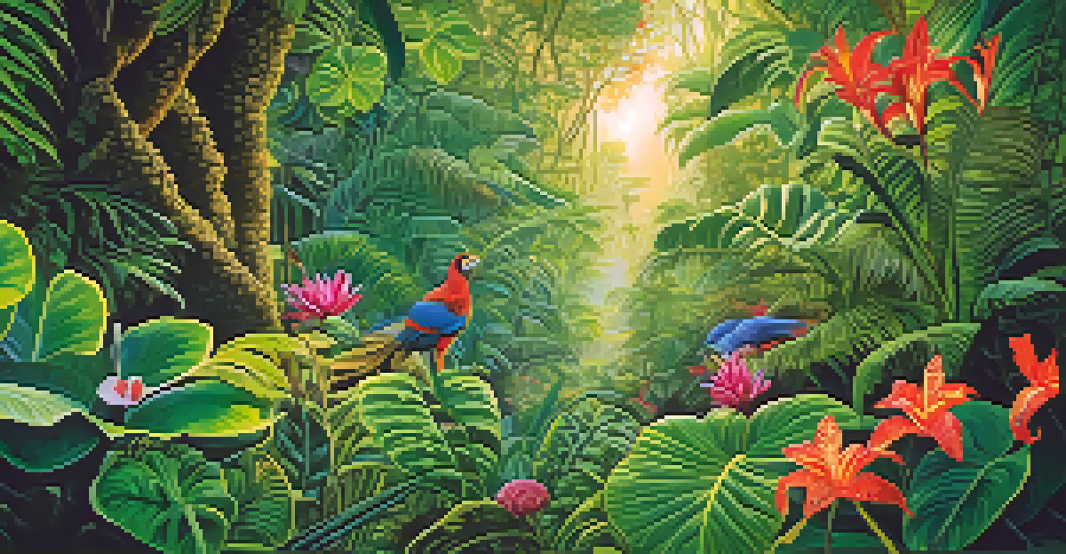 Close-up of a lush Amazon jungle with vibrant flowers and leaves, featuring a faint outline of a mythical creature.