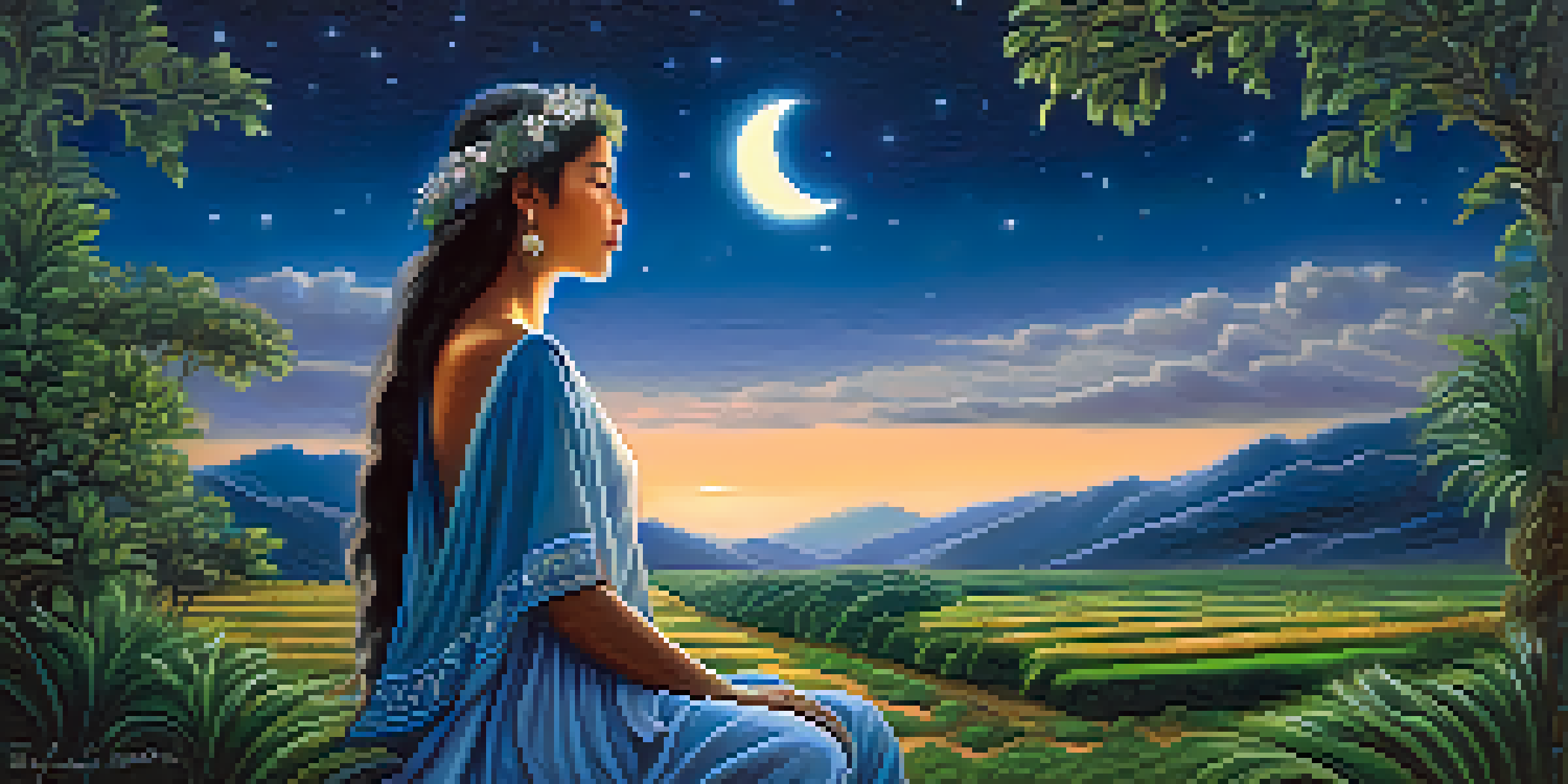 A tranquil night scene with a luminous moon goddess surrounded by stars and glowing moonlight above an Inca agricultural field.