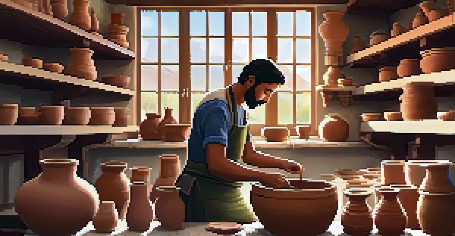 A craftsman making pottery in a vibrant artisan workshop filled with clay and natural light.