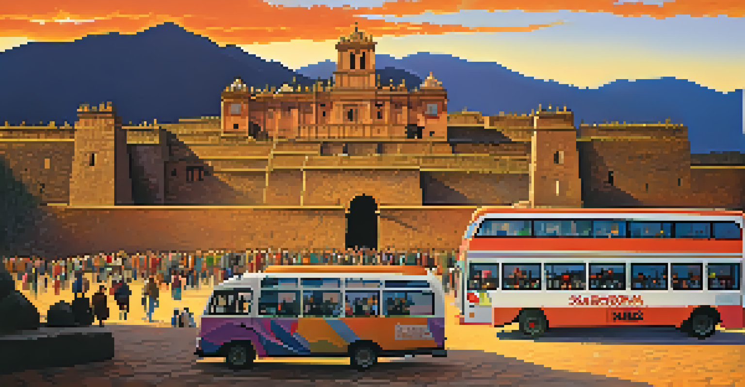A scenic view of Cusco, Peru, showing a decorated local bus in front of Sacsayhuamán ruins during sunset, highlighting the city's rich history and vibrant culture.
