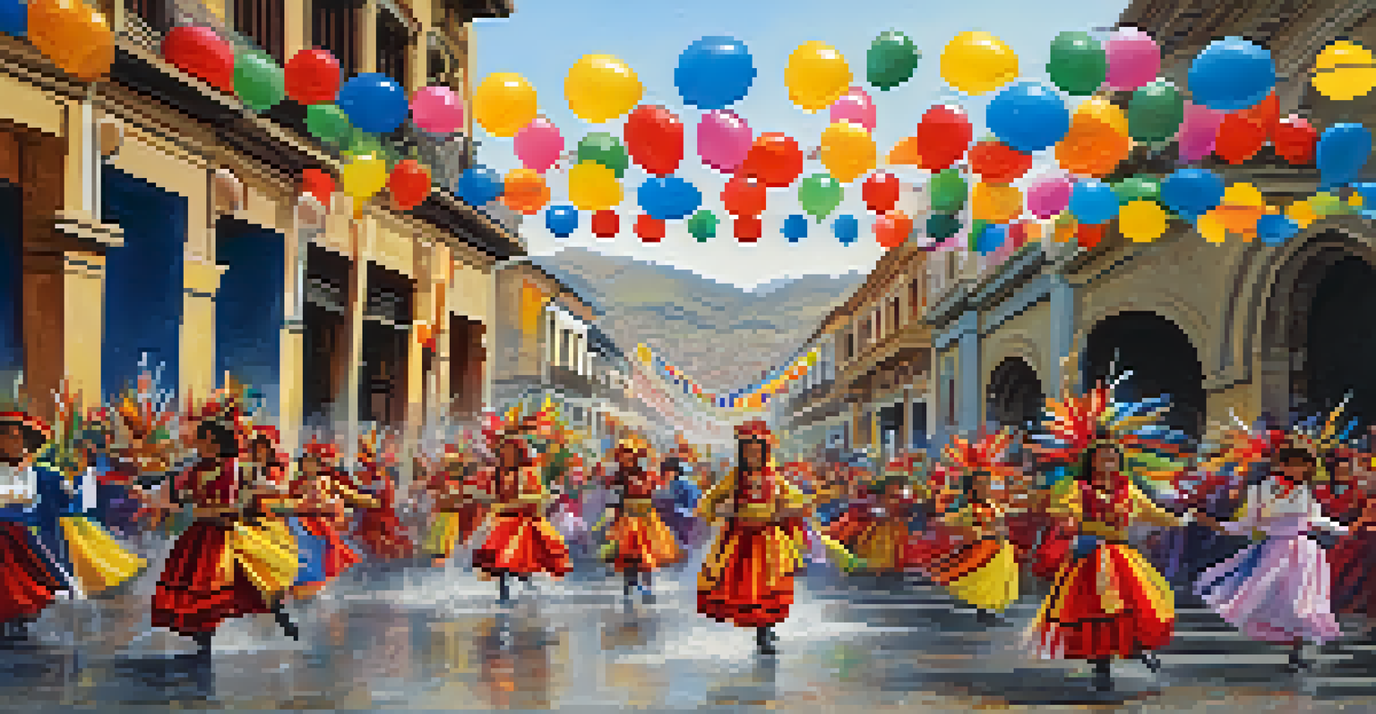 Dancers in vibrant costumes performing during the Carnaval celebration in Cajamarca, with a festive atmosphere and colorful decorations.