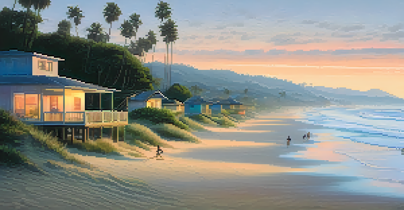 A beginner surfer paddling out in the gentle morning waves at Vichayito beach, with pastel dawn colors in the sky.