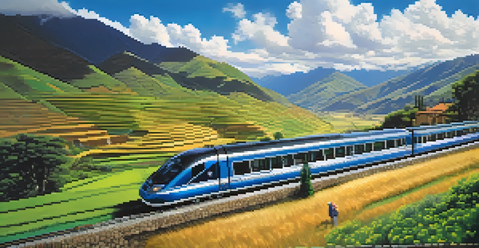 A luxurious train traveling through the Sacred Valley of Peru, surrounded by mountains and terraced fields, with passengers enjoying the view.