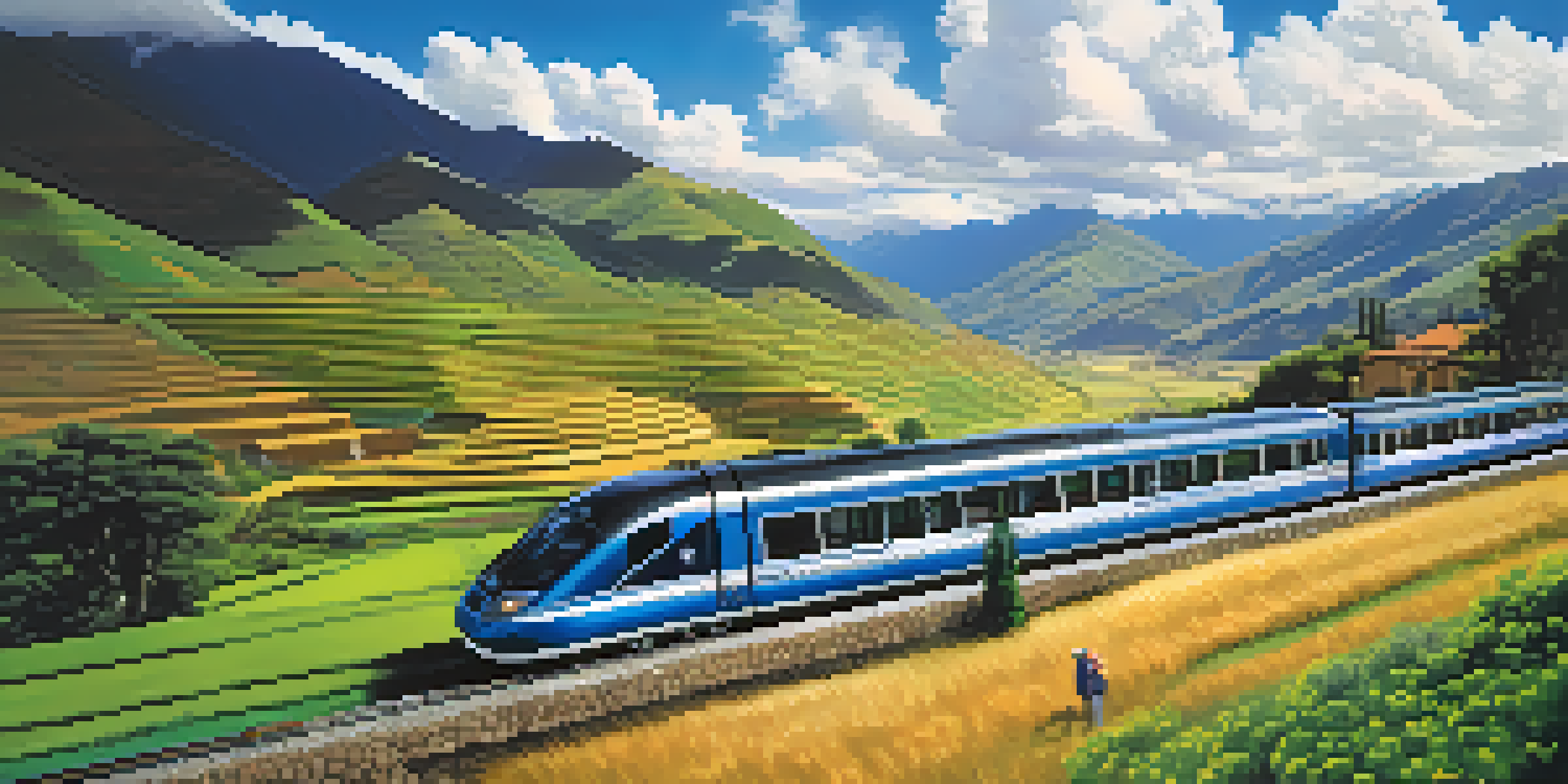 A luxurious train traveling through the Sacred Valley of Peru, surrounded by mountains and terraced fields, with passengers enjoying the view.