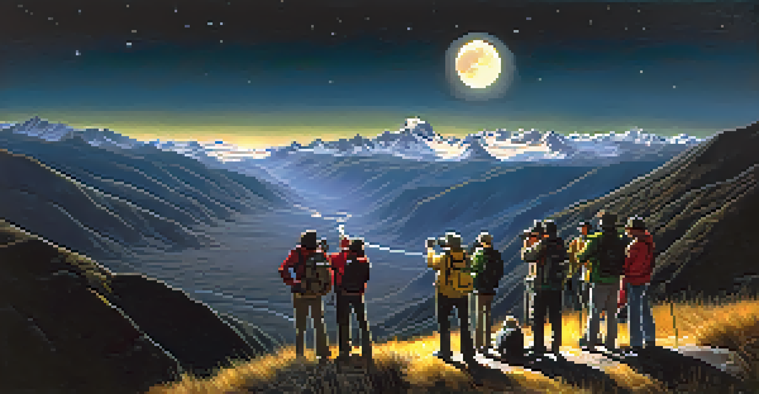 Tourists on a night tour in the Andean highlands, with flashlights, rugged terrain, and a guide pointing at an owl in the moonlight.