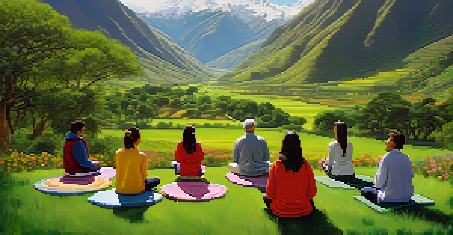 A group meditating in the Sacred Valley of Peru, surrounded by wildflowers and mountains, with soft morning light.