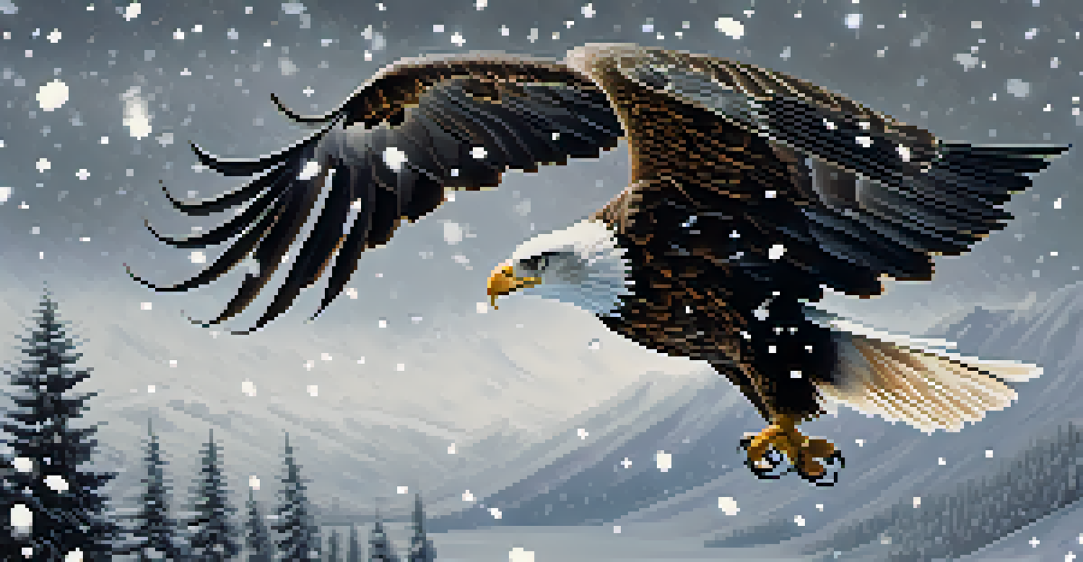 A powerful eagle flying through a snowstorm, with swirling snowflakes and a white landscape below.